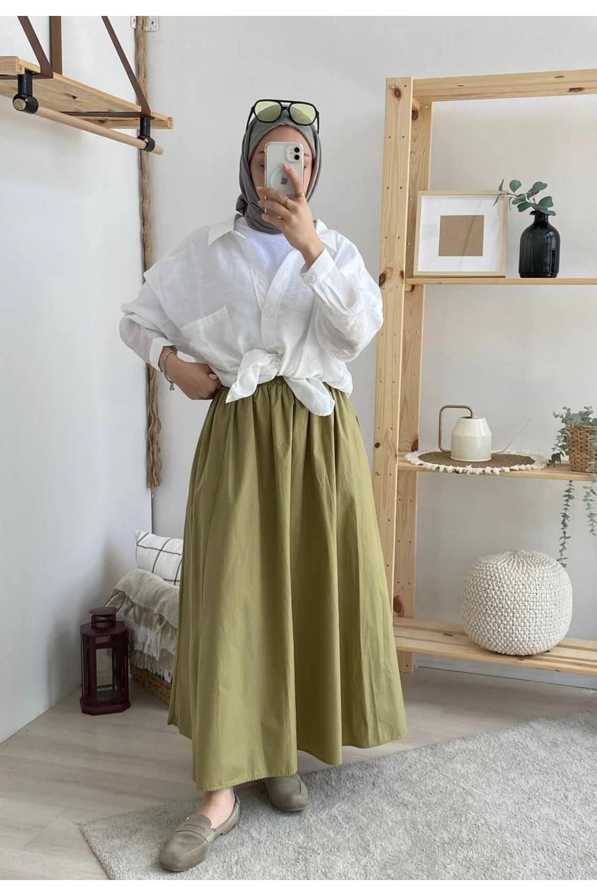 Trenddolabı Lastikli Cepli Poplin Etek