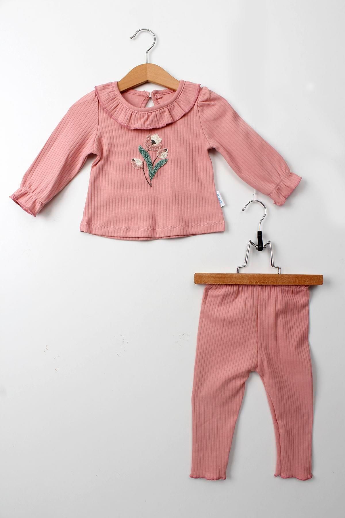 Çocuksan Baby&Kids Wear Kız Bebek Takımı Pudra Renk 2'li Pamuklu Fırfırlı Yaka Çiçek Nakışlı Uzun Kollu Alt Üst Set