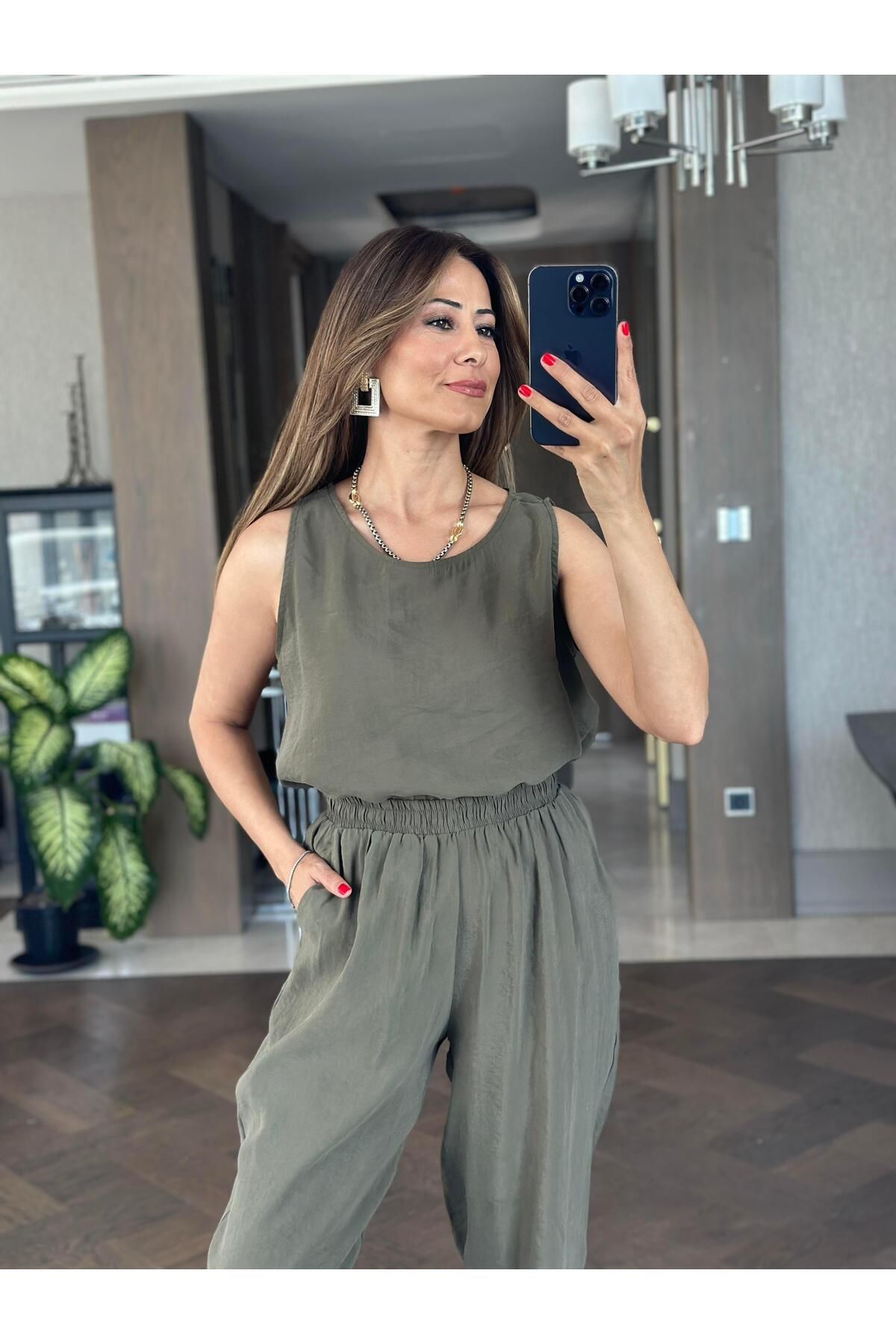 Forlady4 Haki Tnsl Sıfır Kol Bluz Pantolon Alt Üst Takım