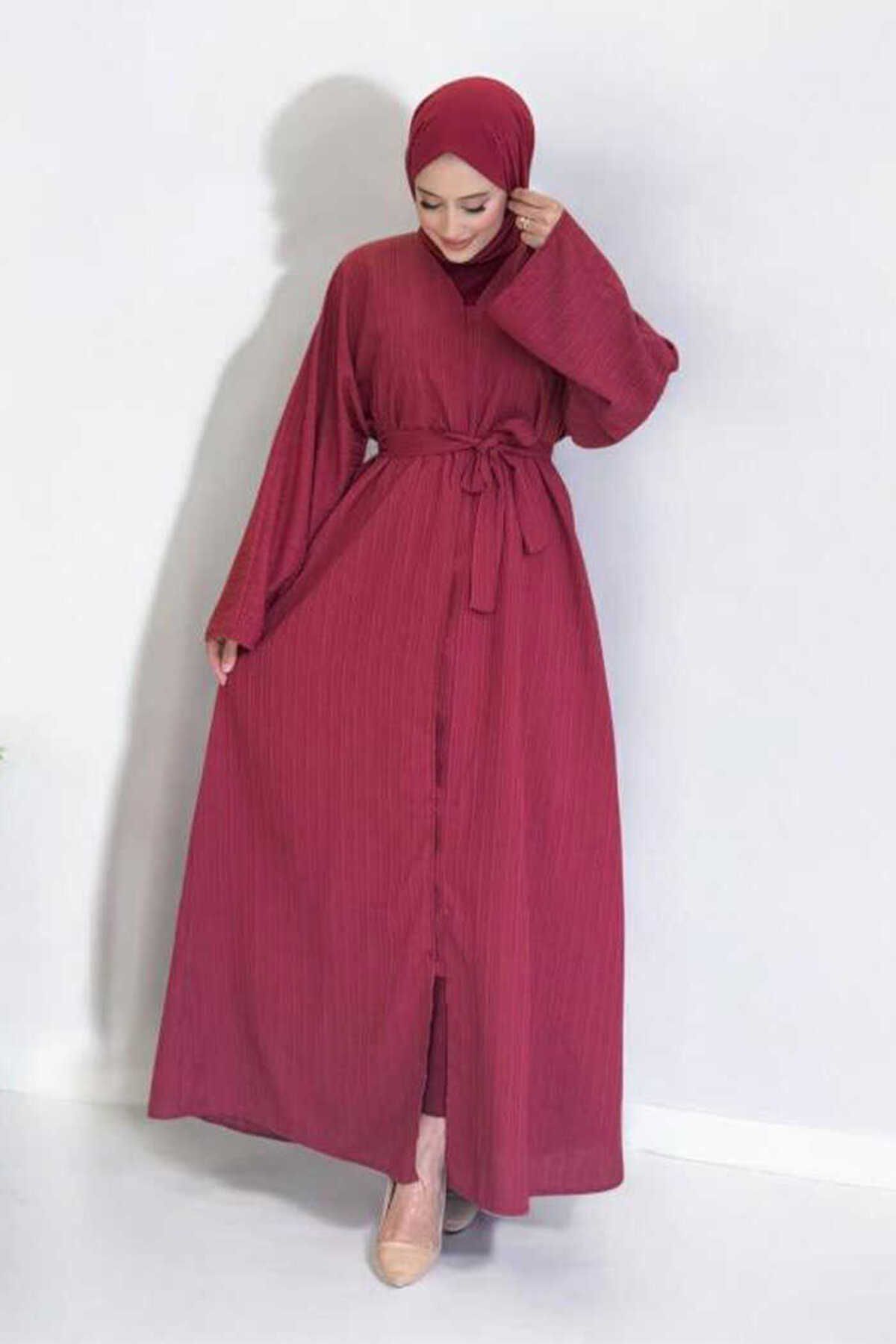 Bym Fashion Çıt Çıt Düğmeli Bel Kuşaklı Abaya 70017 Bordo