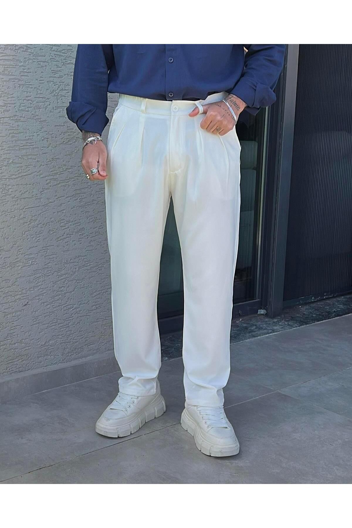 Elzem Klasik Basic Baggy Pantolon Beyaz