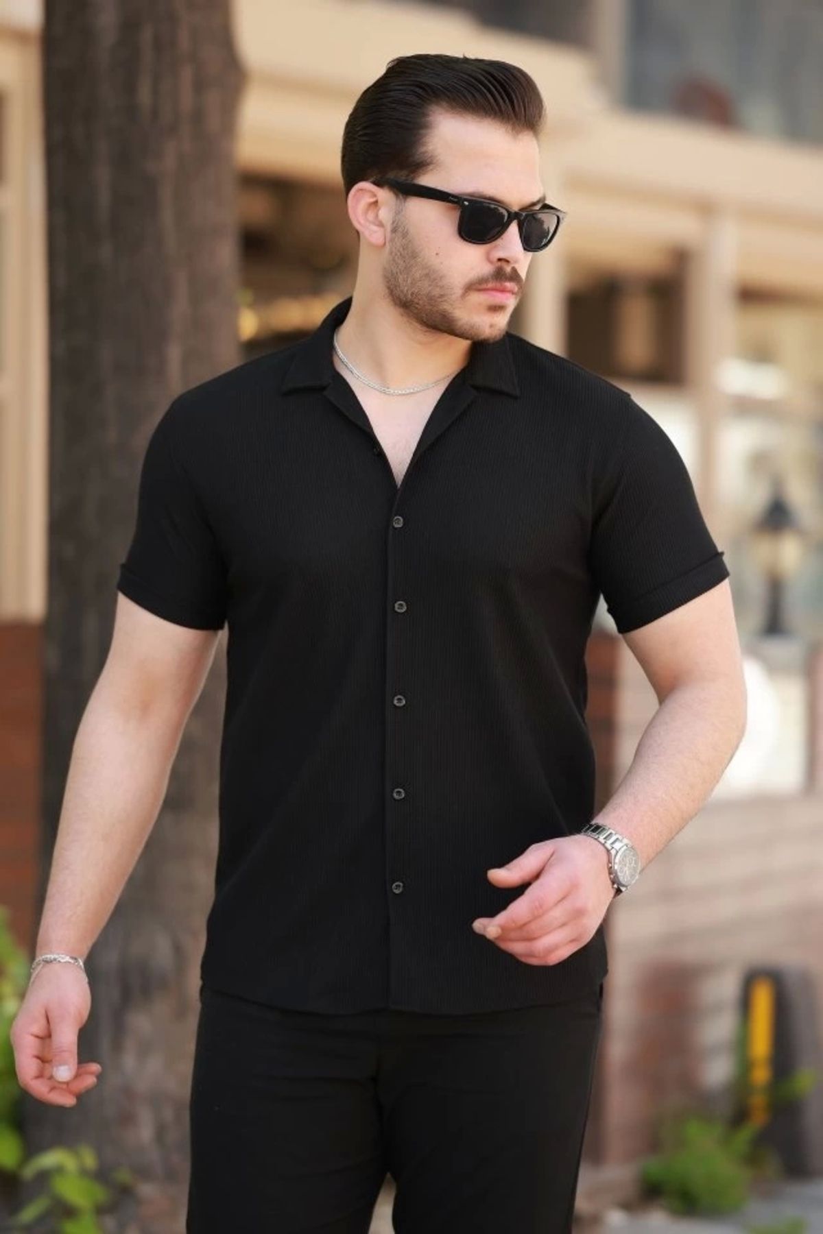 Silerra Erkek Ottoman Kumaş Apaj Yaka Kısa Kollu Gömlek