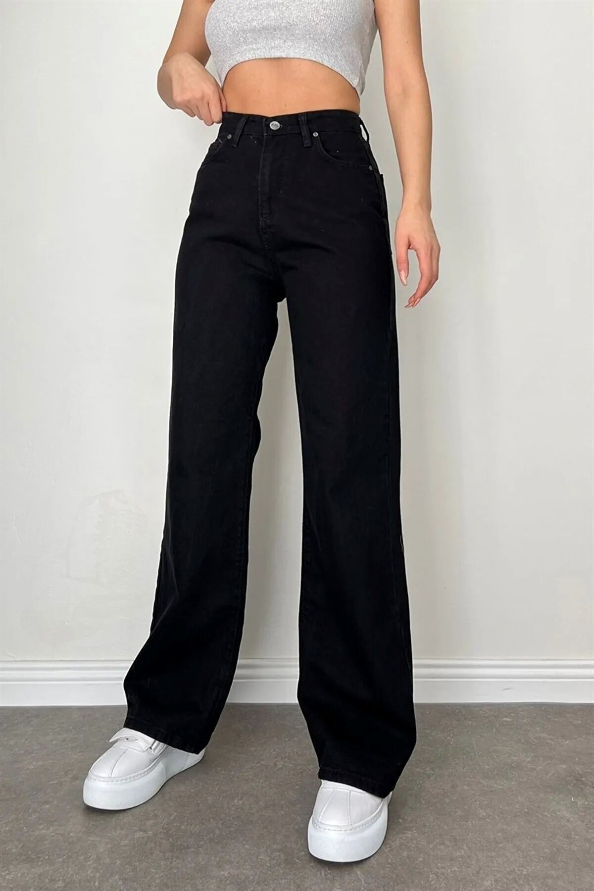 BİRDALİFE WEAR Siyah Bol Paca Palazzo Yüksek Bel Esnek Kot Pantolon