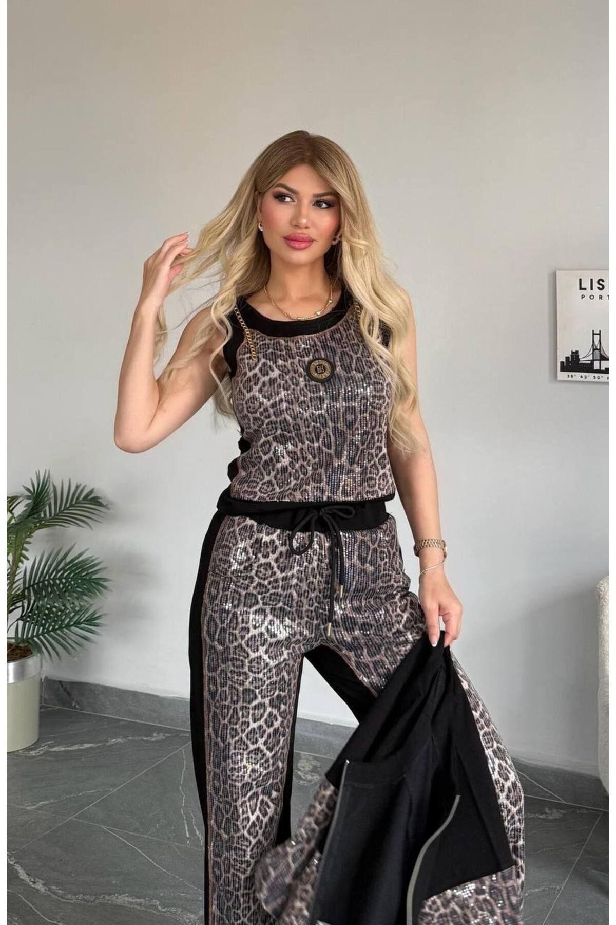 bonibon butikk Kadın Yeni Sezon Modern Kesim Leopar Desen 3Lü Takım