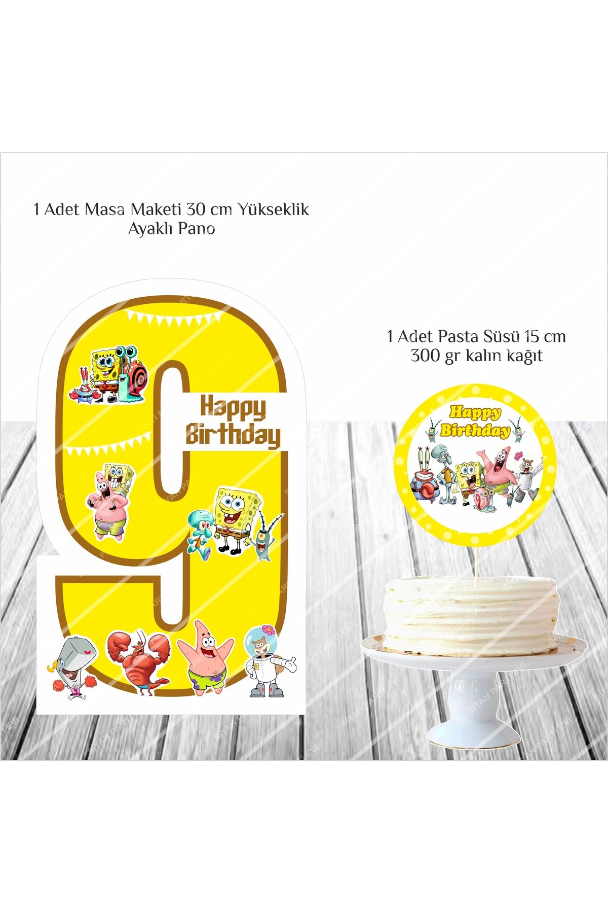 SİYAH PARTİ EVİ Sünger Bob 9 Yaş Doğum Günü Masa Maketi / Pasta Süsü