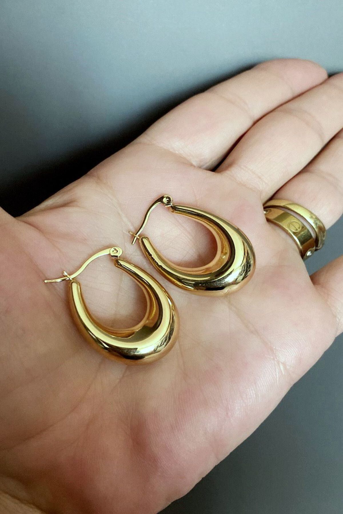 DLK TAKI Çelik Altın Kaplama Oval Halka Küpe-3 cm
