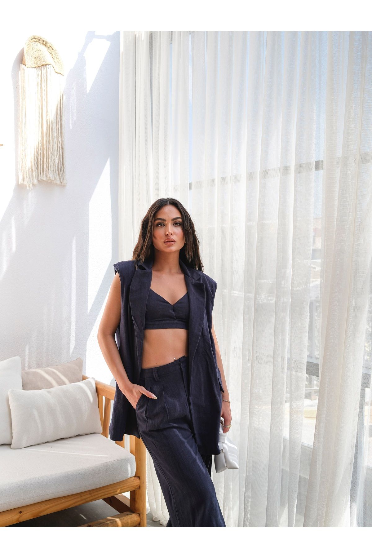 ENZOI Keten Kruvaze Oversize Vatkalı Yelek