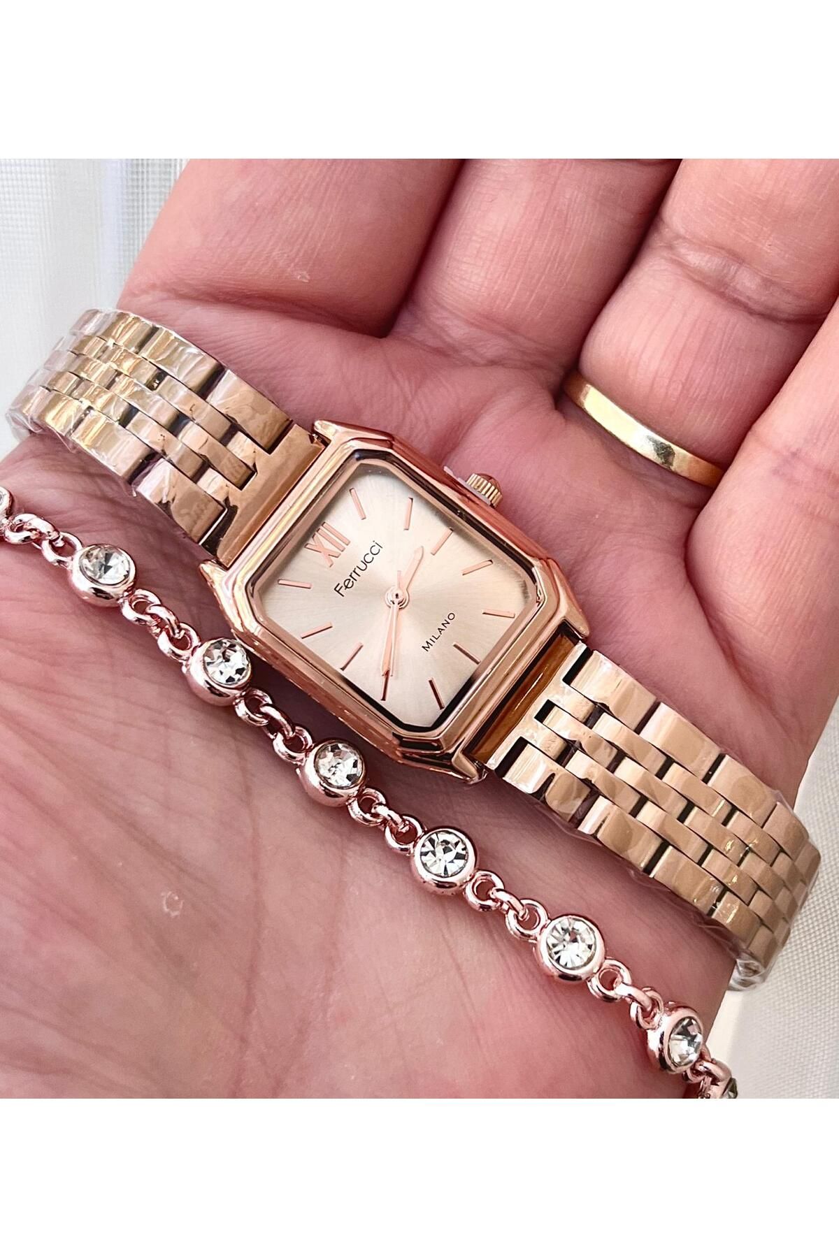 Ferrucci Milano Minimal Kare Kadran Çelik Kadın Kol Saati+Bileklik Hediyeli