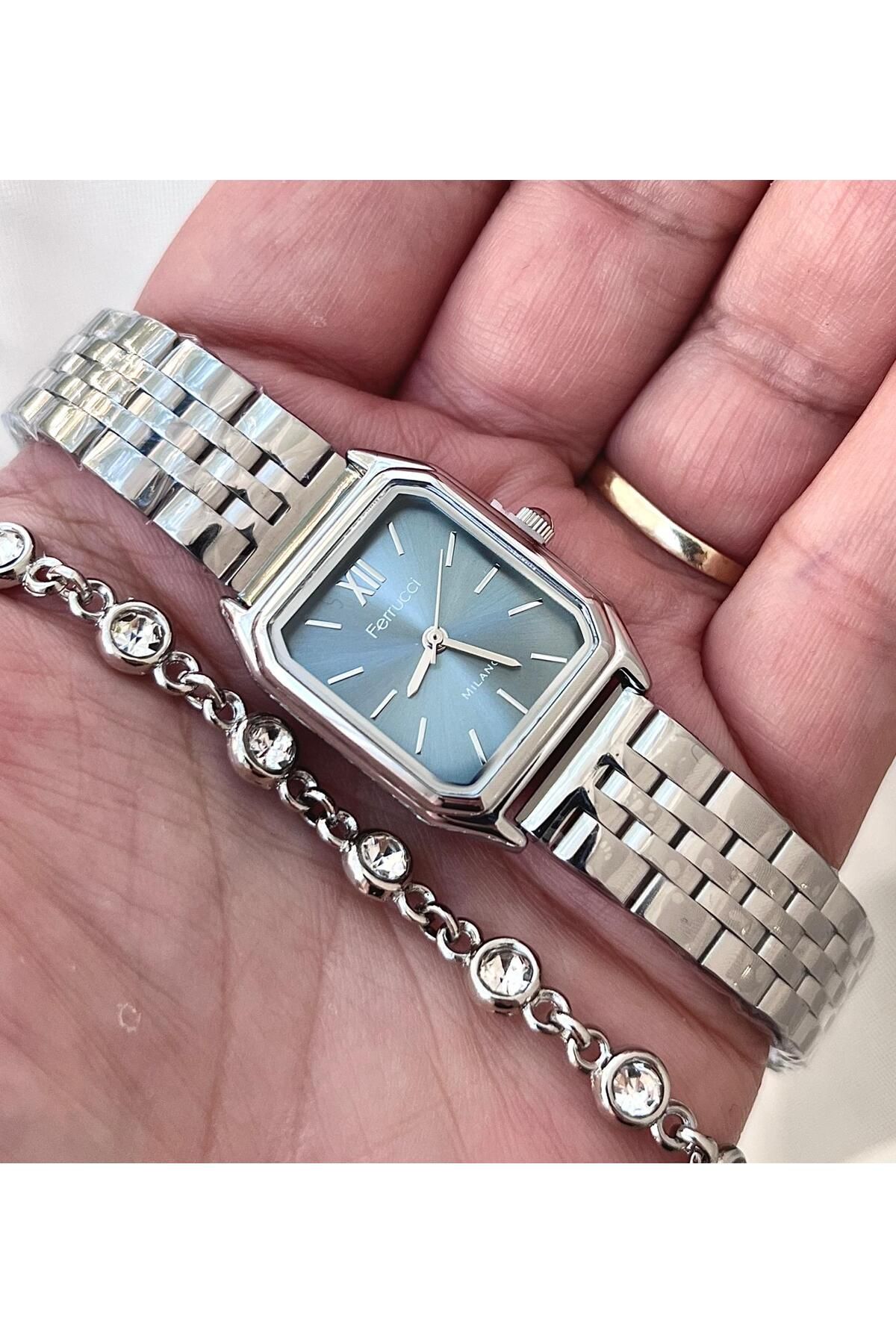 Ferrucci Milano Minimal Kare Kadran Çelik Kadın Kol Saati+Bileklik Hediyeli