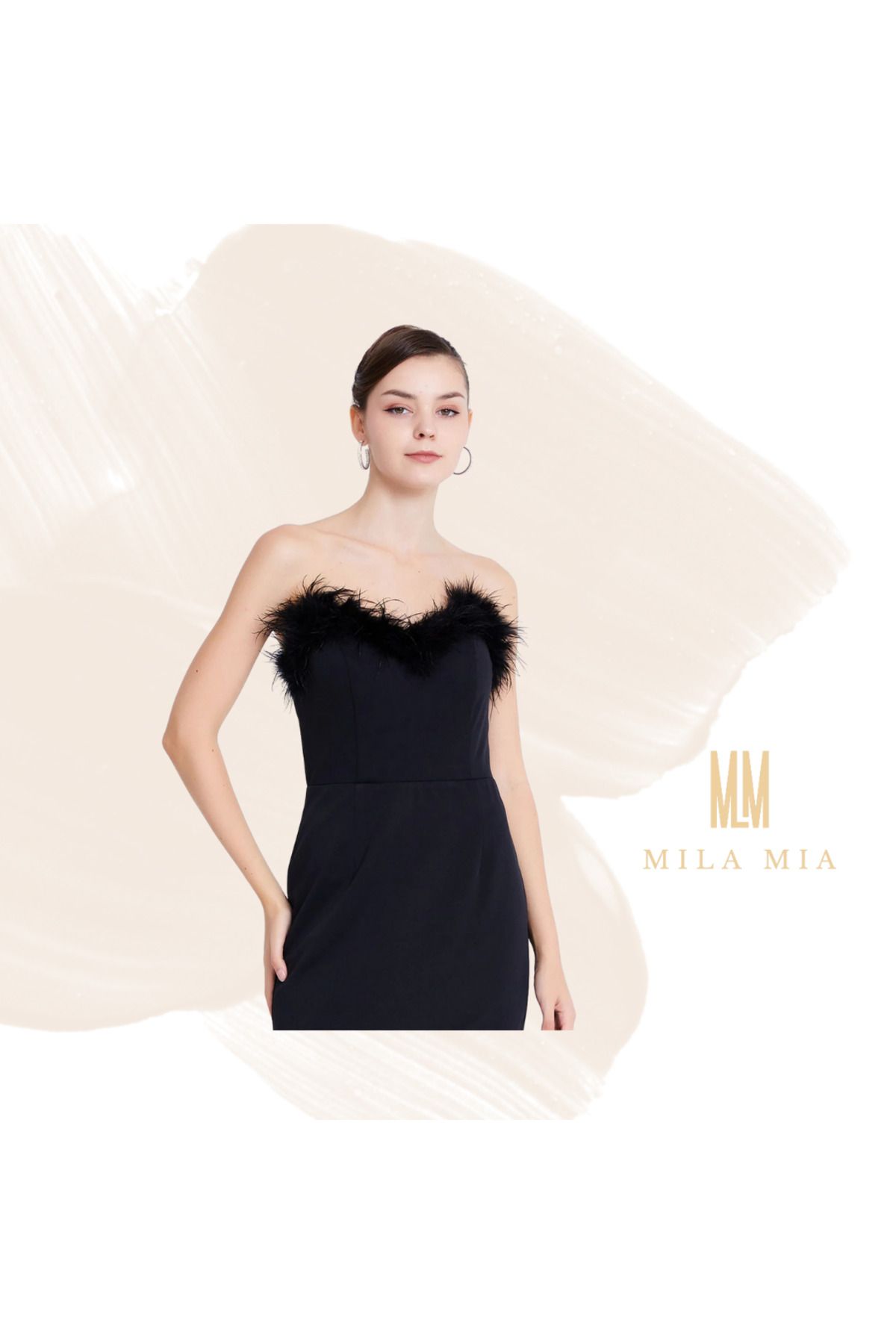 Butik MilaMia Turkey Straplez Tüy Detaylı Uzun Abiye Siyah