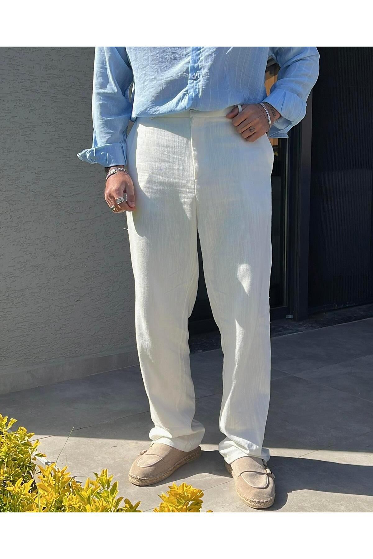 Elzem Keten Baggy Basic Pantolon Beyaz