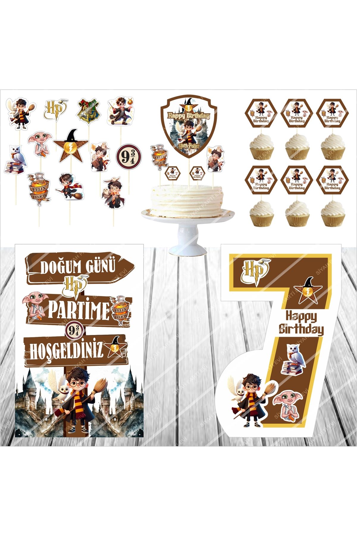 SİYAH PARTİ EVİ 7 Yaş Harry Potter Doğum Günü Pasta Süsü Ayaklı Pano Seti
