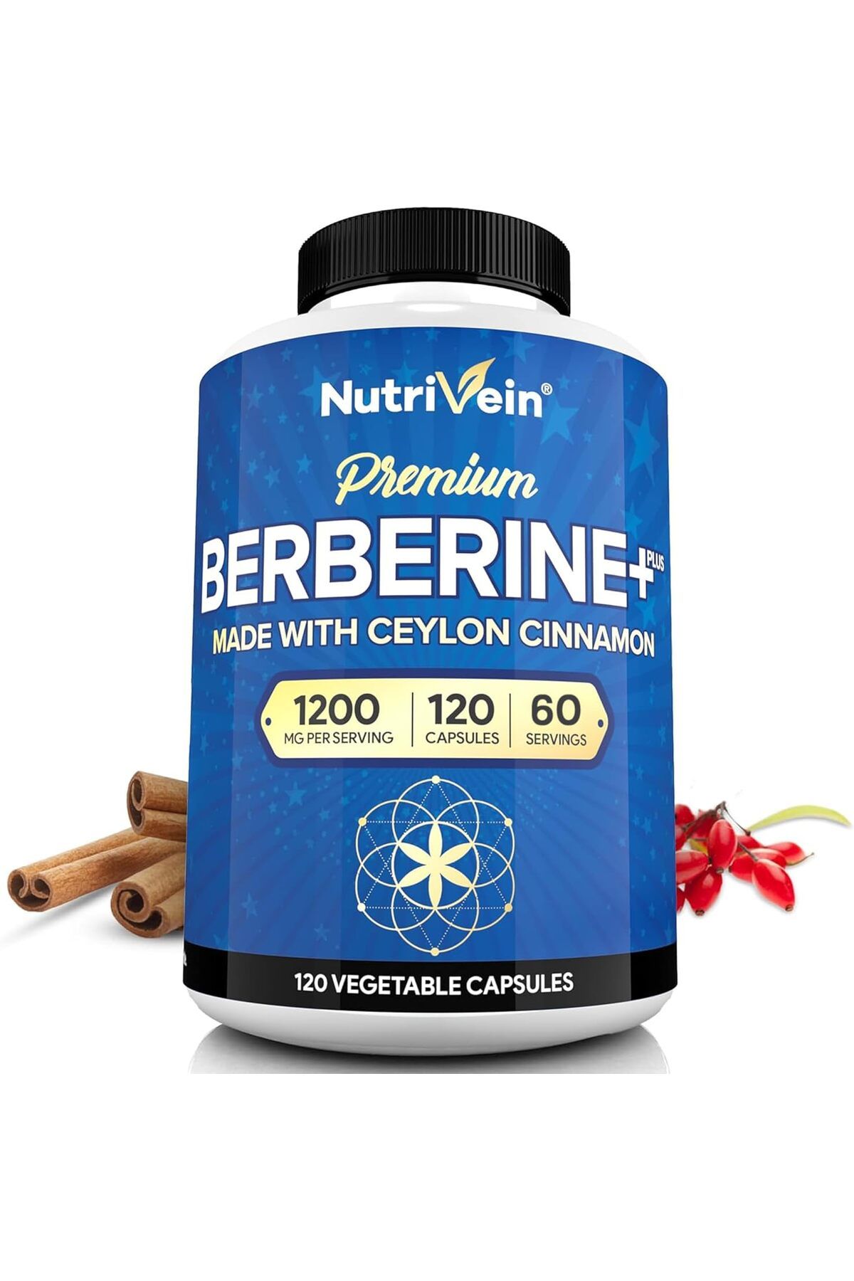 nutrivein Premium Berberine HCL 1200 mg Ceylon Cinnamon Defenses, Digestion, & Metabolism - 120 Caps