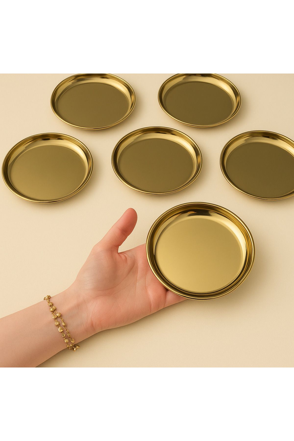 Fiyakalı Ürünler Atölyesi 6 Adet 12 cm Gold Yuvarlak paslanmaz çelik,lokumluk,ikramlık, pasta servis,Kahve Fincan altlığı