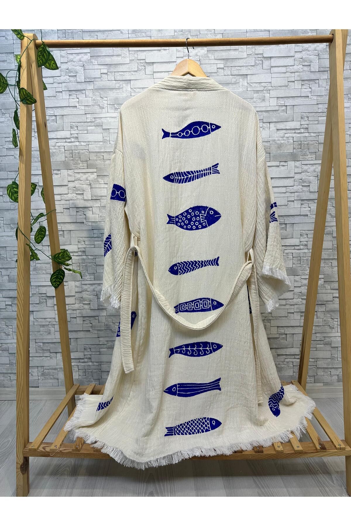 Befera Design Müslin Kimono %100 Pamuklu Balık Baskılı Desenli Bornoz Kaftan Sabahlık
