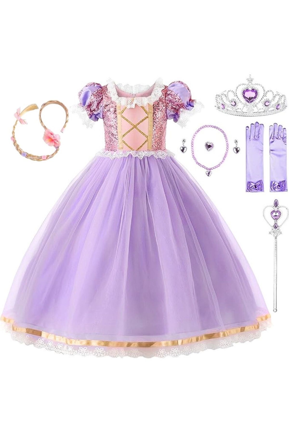 EvrikaUnity Rochie Printesa Rapunzel Pentru Fete, Set Cu Coronita Si Accesorii, 6-7 Ani, 140 Cm, Roz - 140