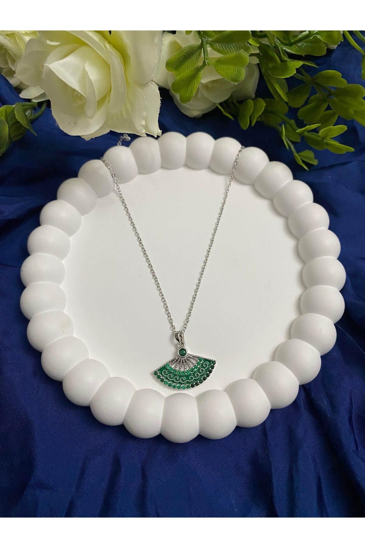 asem jewelry ZÜMRÜT YEŞİLİ TAŞLI YELPAZE ÇELİK KOLYE