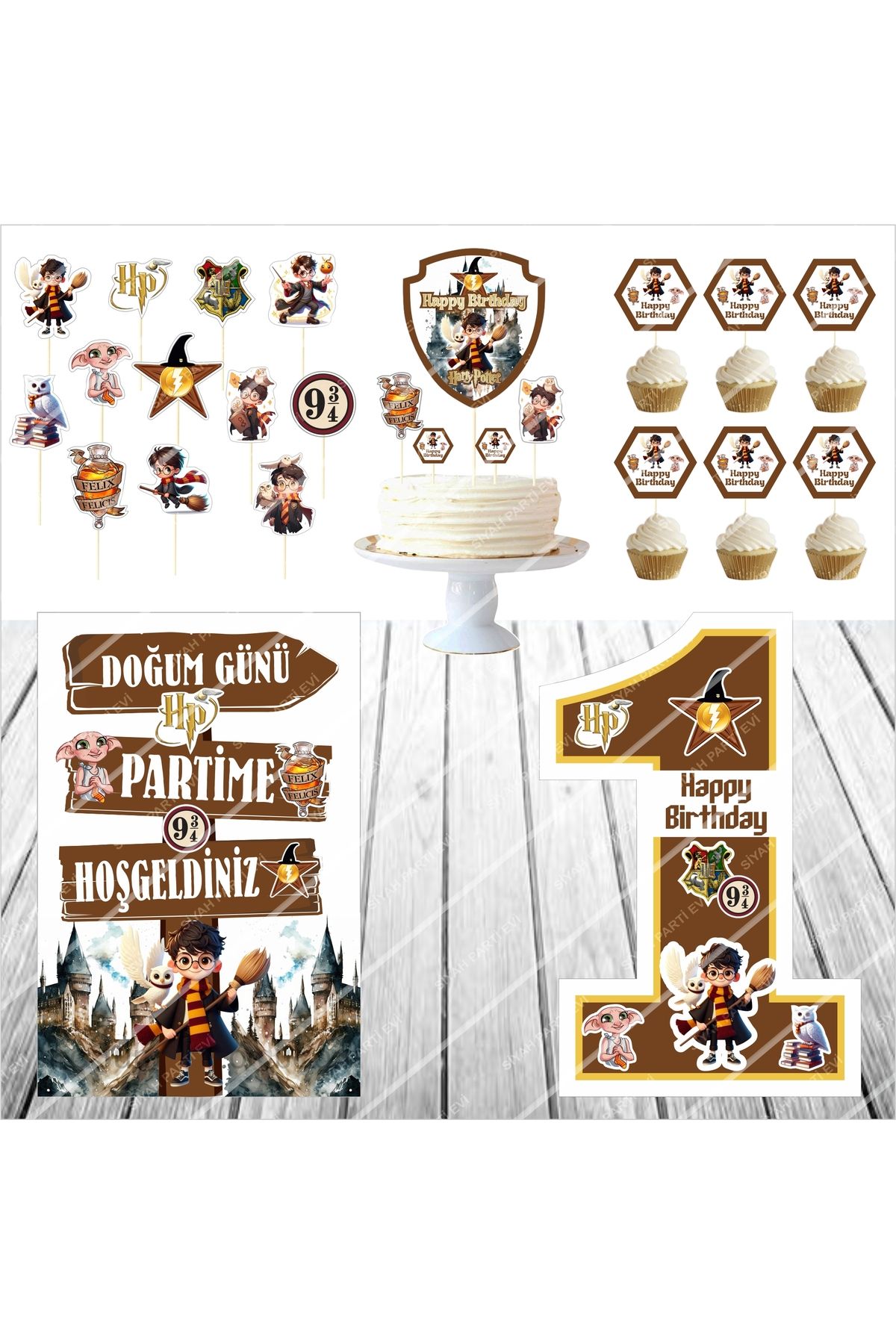 SİYAH PARTİ EVİ 1 Yaş Harry Potter Doğum Günü Pasta Süsü Ayaklı Pano Seti