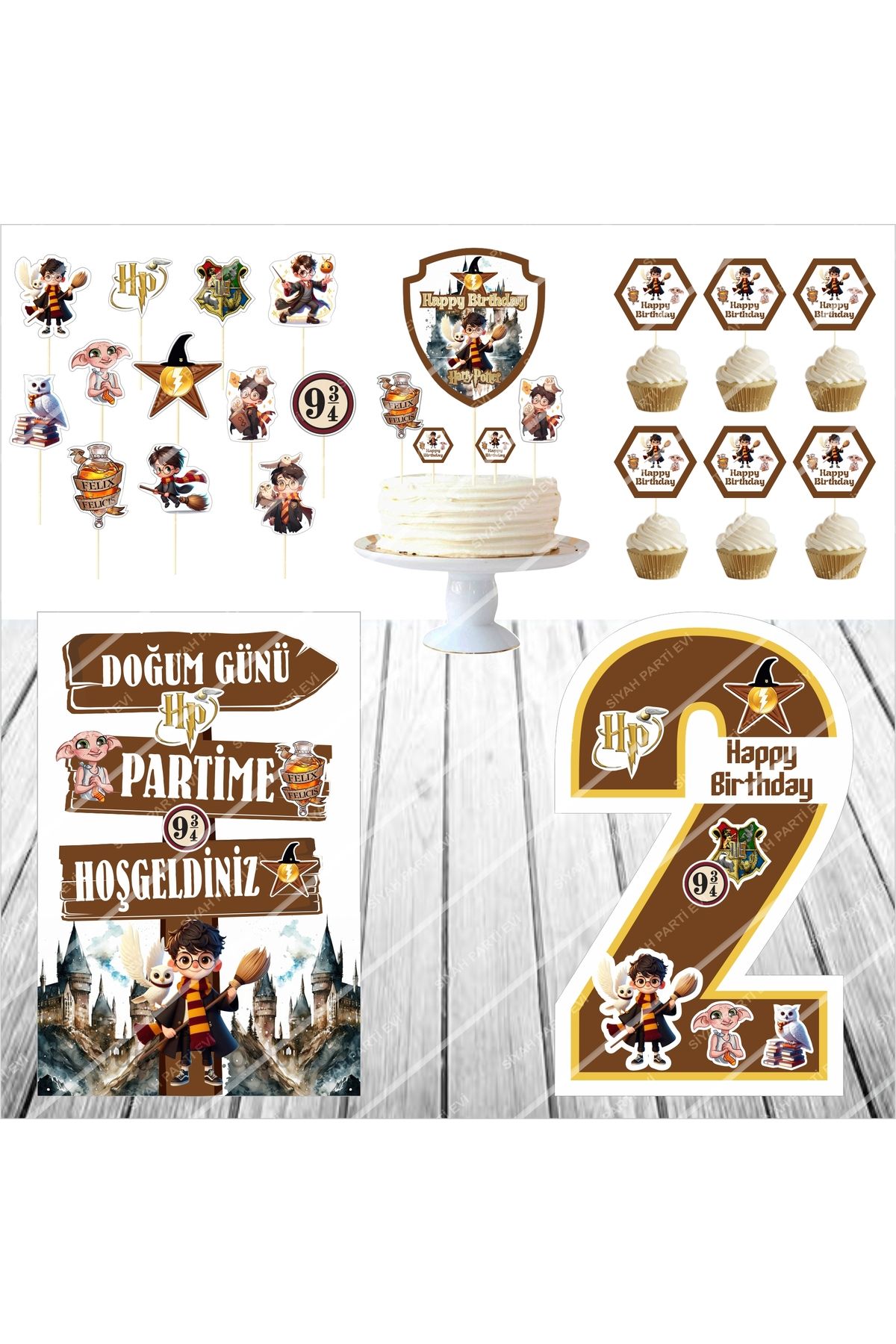 SİYAH PARTİ EVİ 2 Yaş Harry Potter Doğum Günü Pasta Süsü Ayaklı Pano Seti