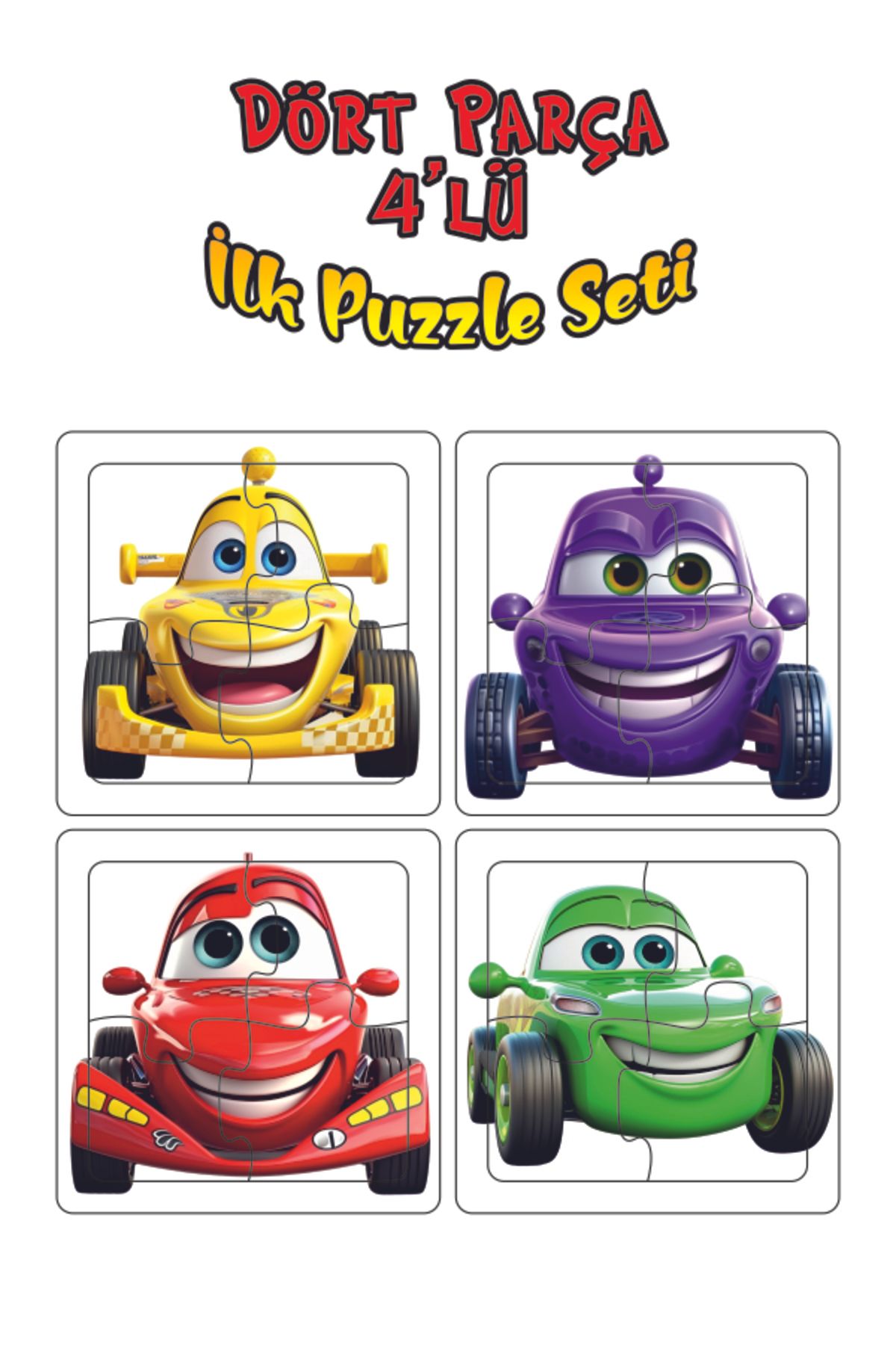 Leelii Tasarım Sevimli Araçlar İlk Puzzle Kırmızı, Sarı, Yeşil, Mor Araba Ahşap Puzzle 4 Parça 4'lü Set
