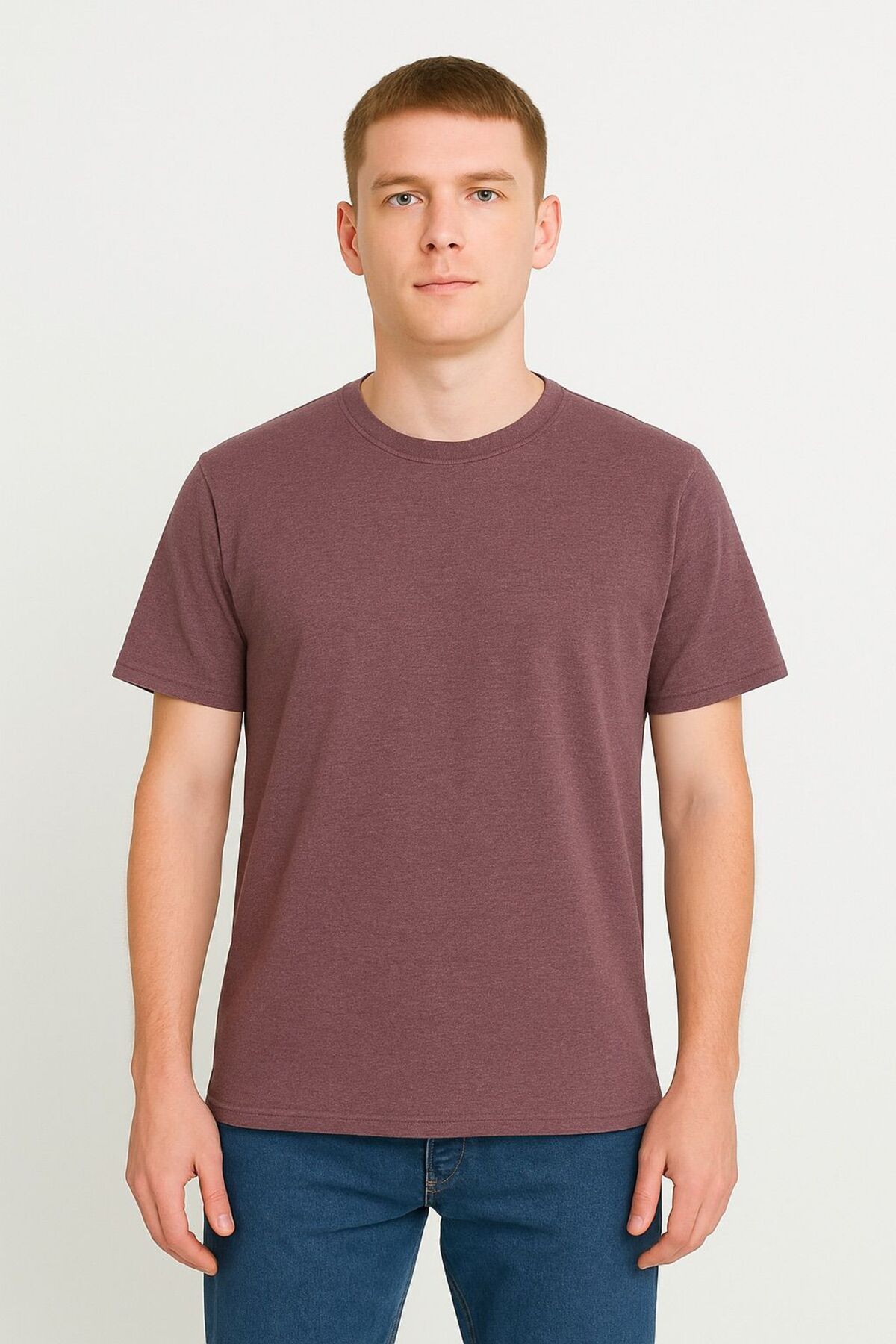 VORİAS ERKEK BORDO MELANJ COMFORT FİT İNCE PAMUK TSHIRT