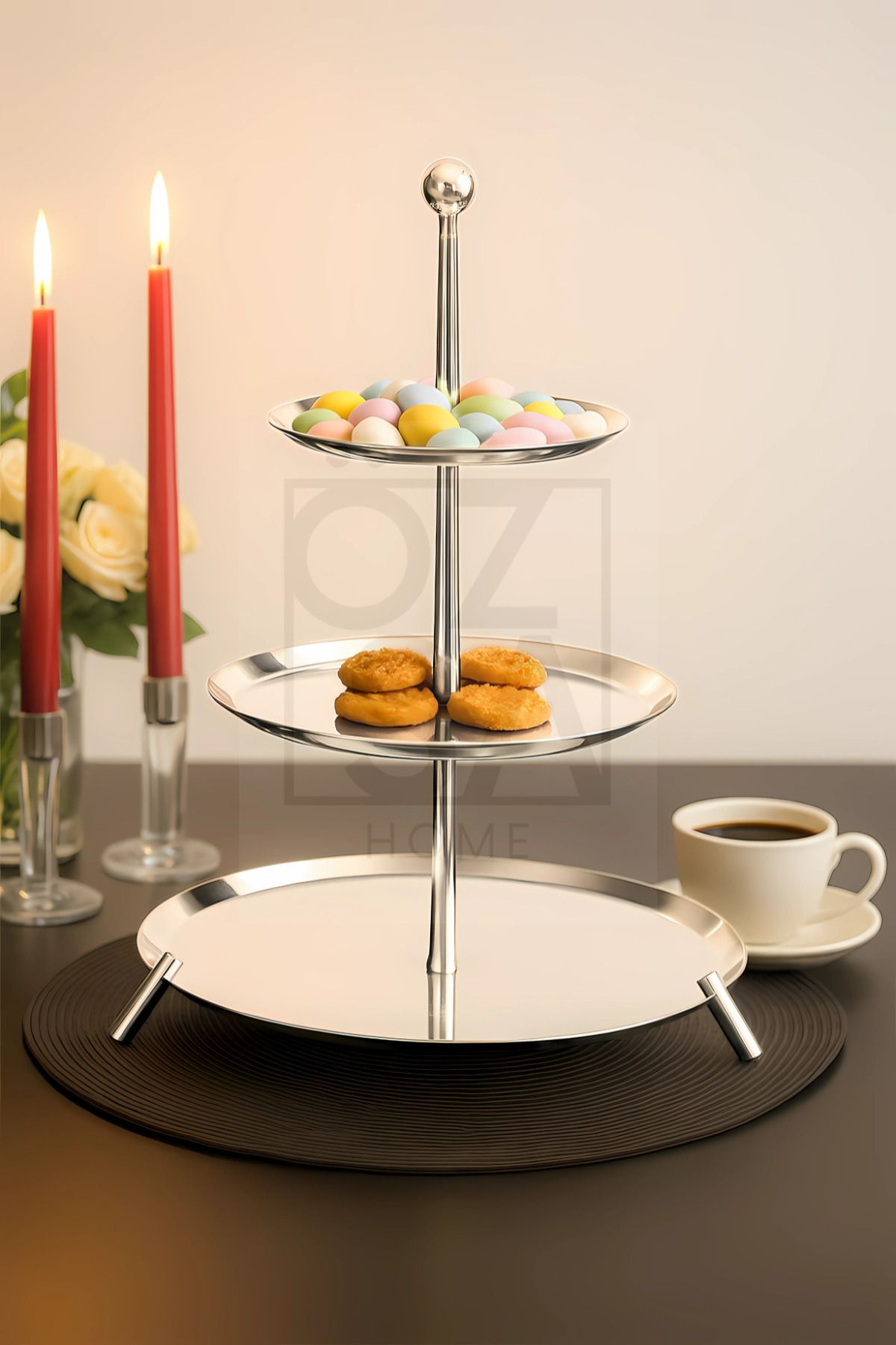 ÖzSa Home Large Ayaklı 18/10 Paslanmaz Çelik 3 Katlı Sunumluk Metal Ayaklı Sunumluk