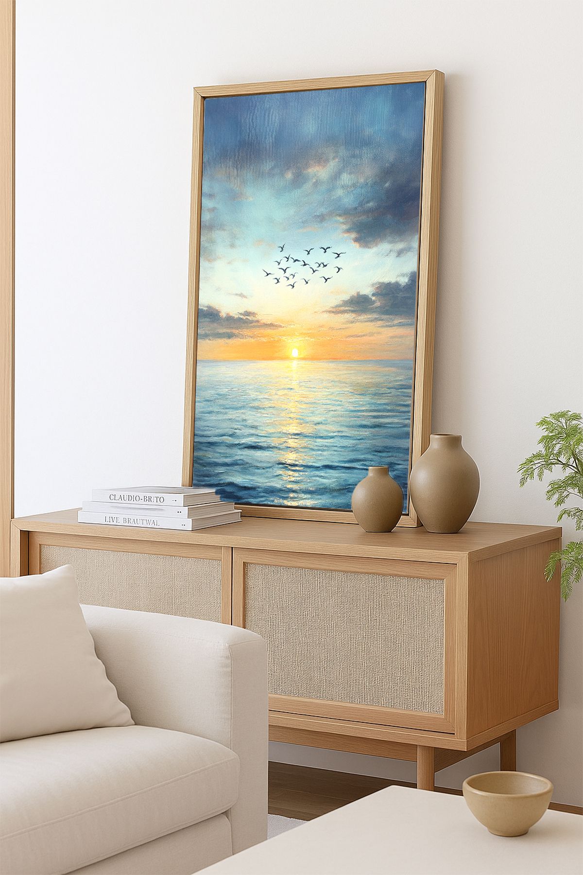 AKSU SANAT Gündoğumu ve Deniz, Tabiat ÇERÇEVELİ Kanvas Tablo, ÇİFT ÇERÇEVELİ Tablo 1KTBL73