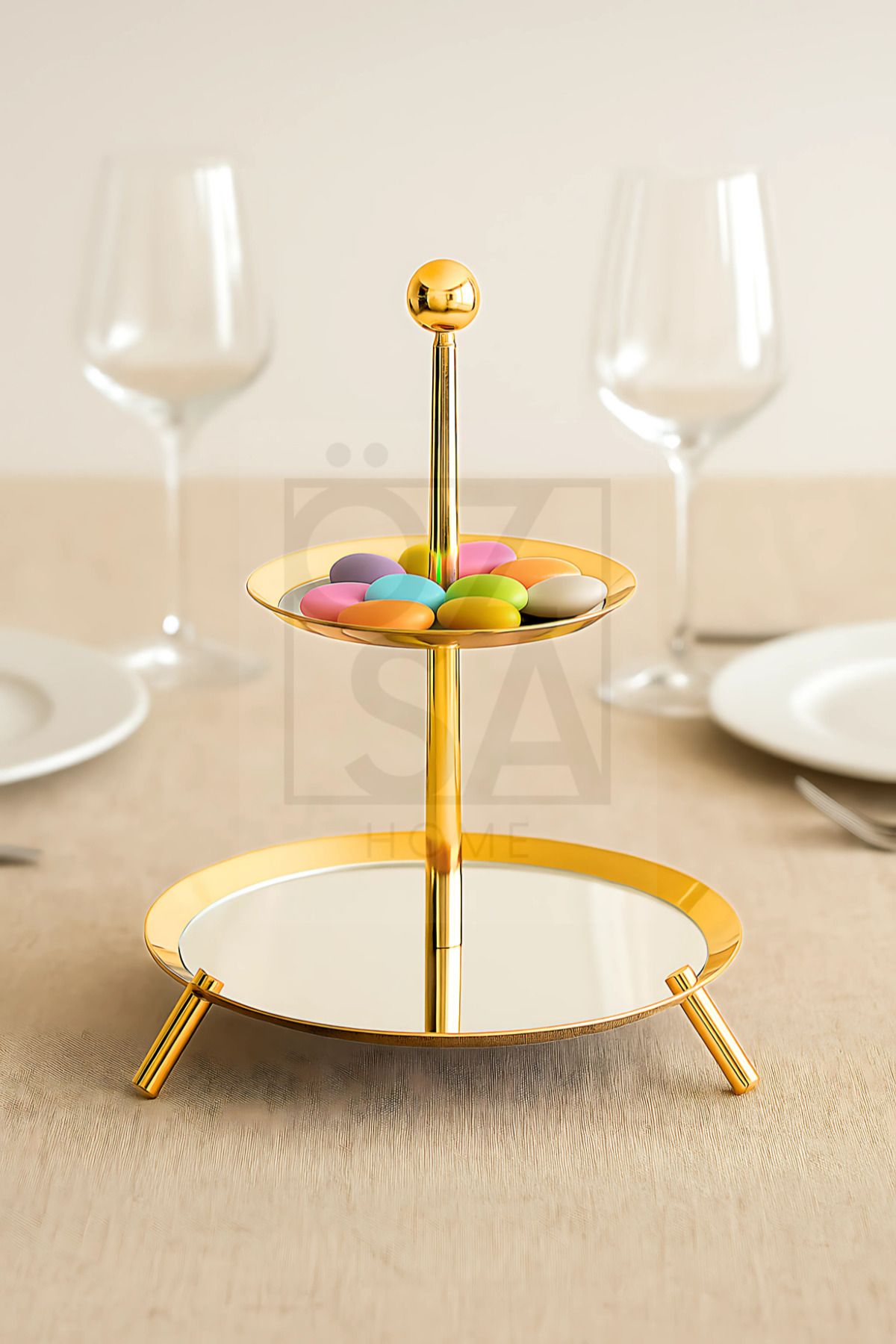 ÖzSa Home Medium Ayaklı 18/10 Paslanmaz Çelik 3 Katlı Sunumluk Metal Ayaklı Sunumluk