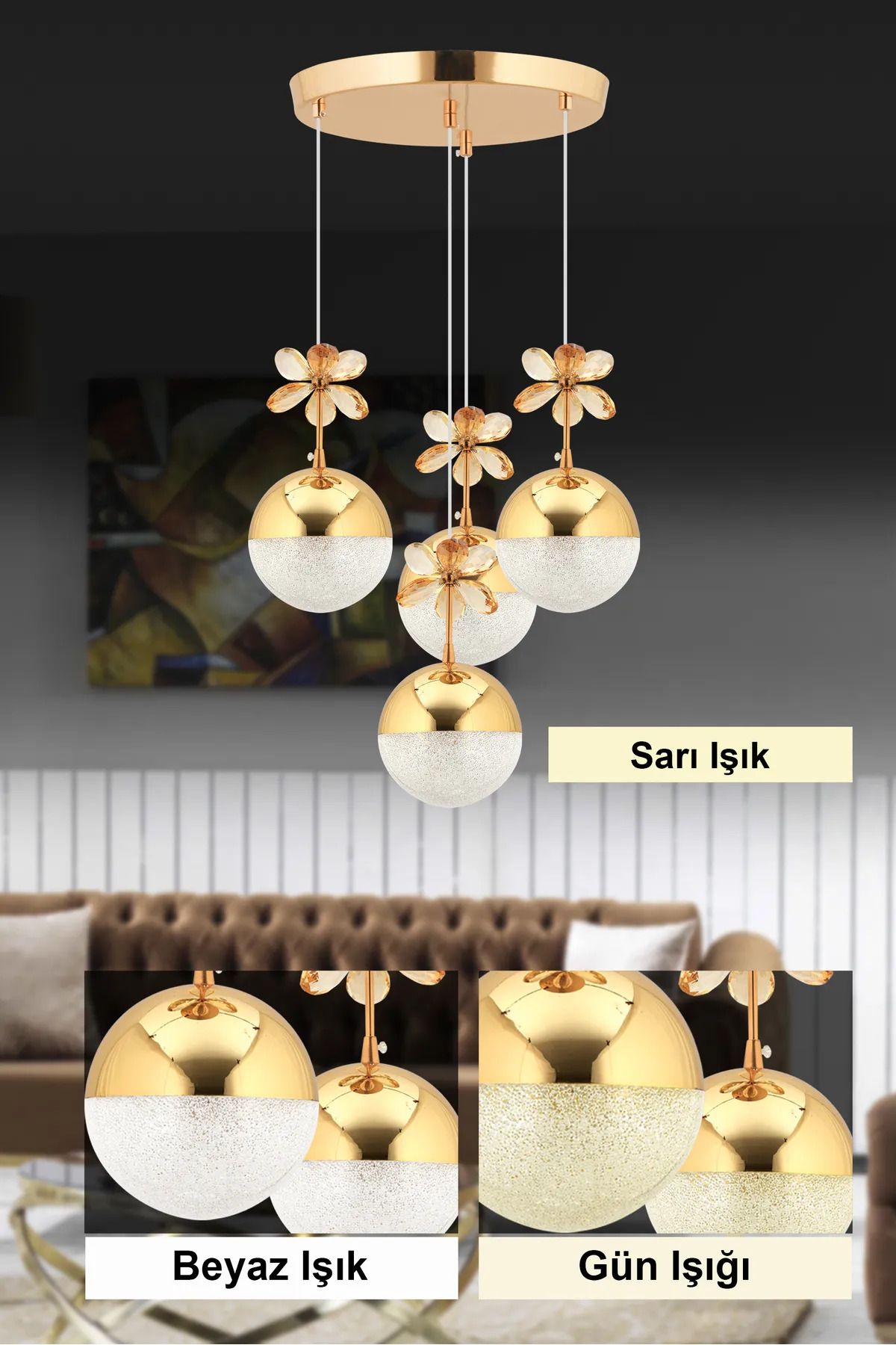 Roque Kelebek 4'lü Gold Sarkıt 3 Renk Kademeli Ledli Kristal Taşlı Modern Led Avize