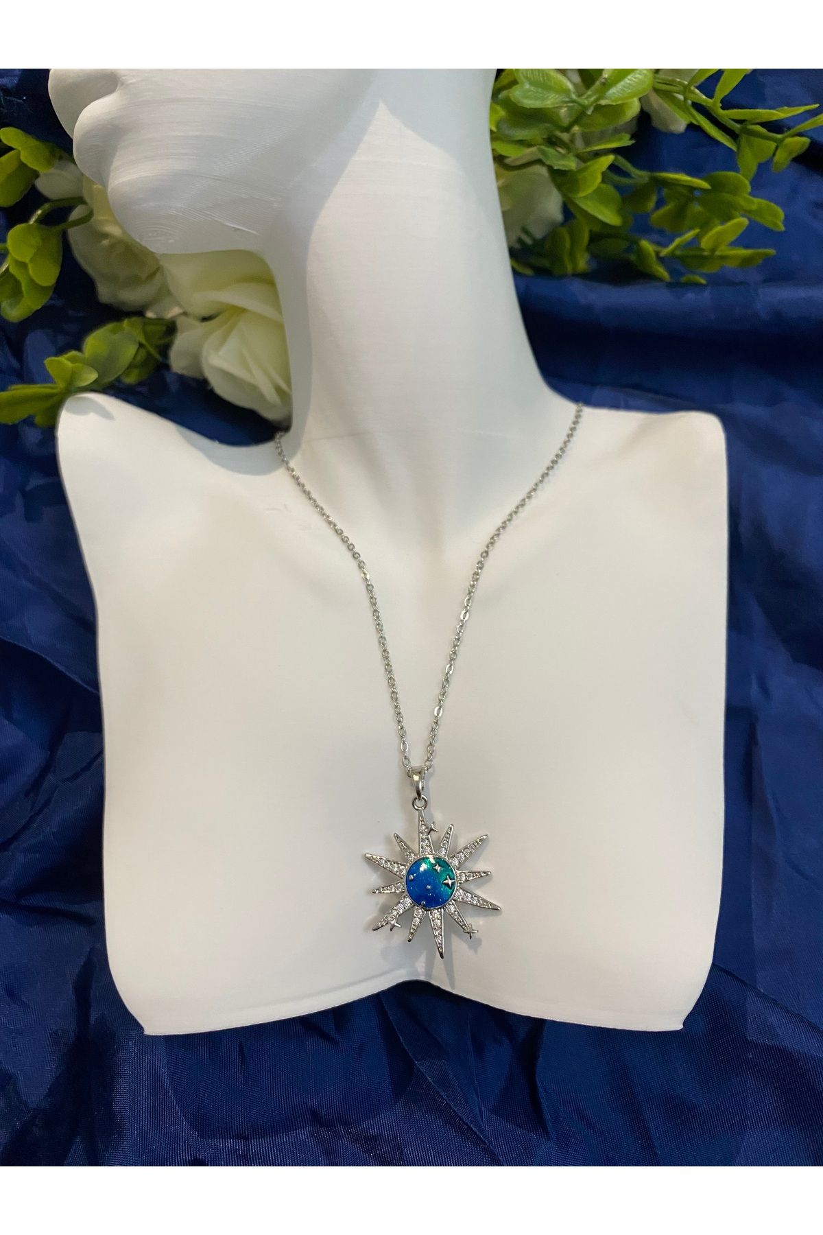 asem jewelry MAVİ TAŞLI ÇELİK YILDIZ KOLYE