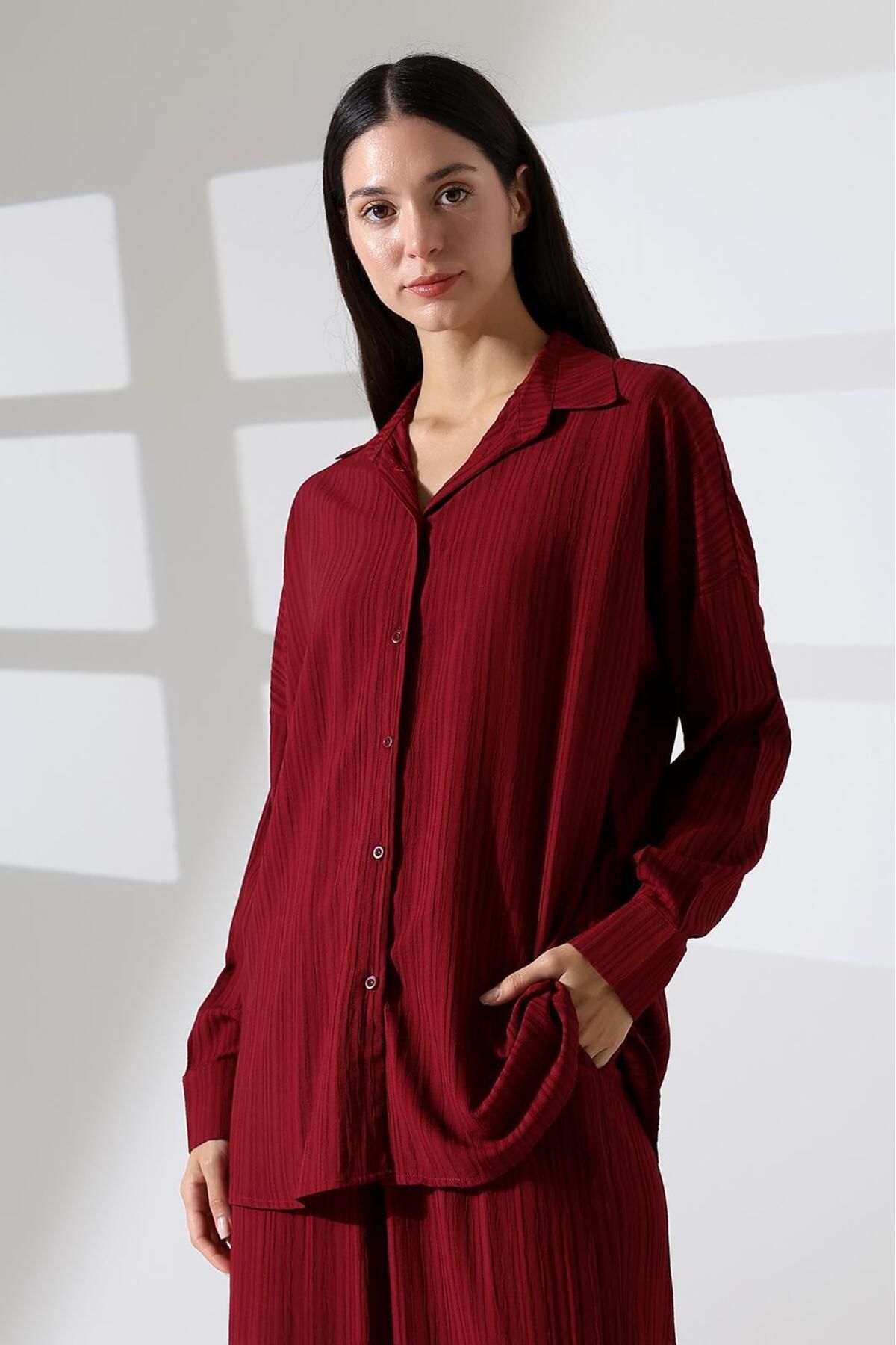 MODA gofre takım gofre kumaş palazzo pantolon oversize gömlek