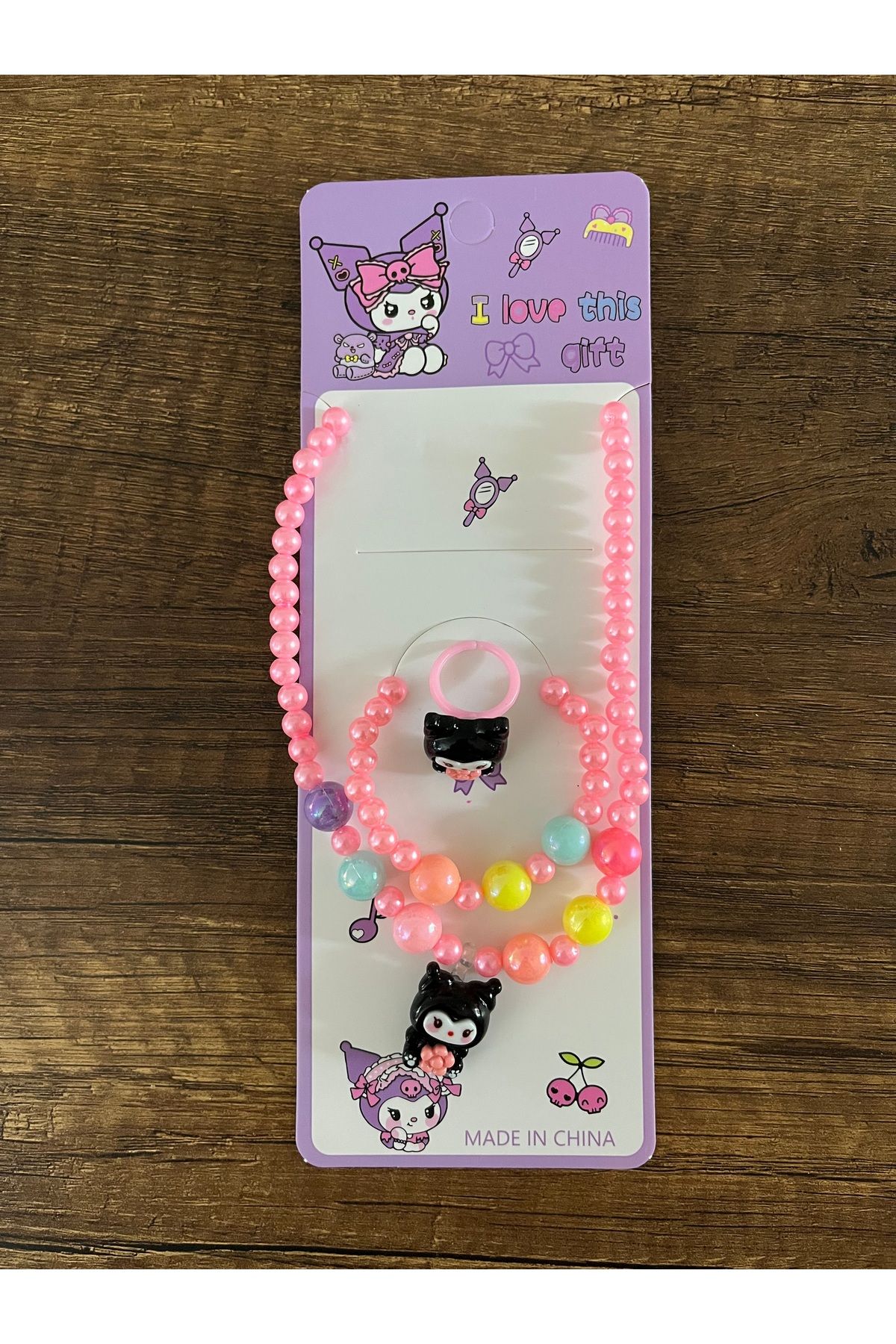 BATU GİYİM Kız Çocuk Sanrio Kuromi Kolye Bileklik Yüzük Seti Karne Bayram Hediyesi