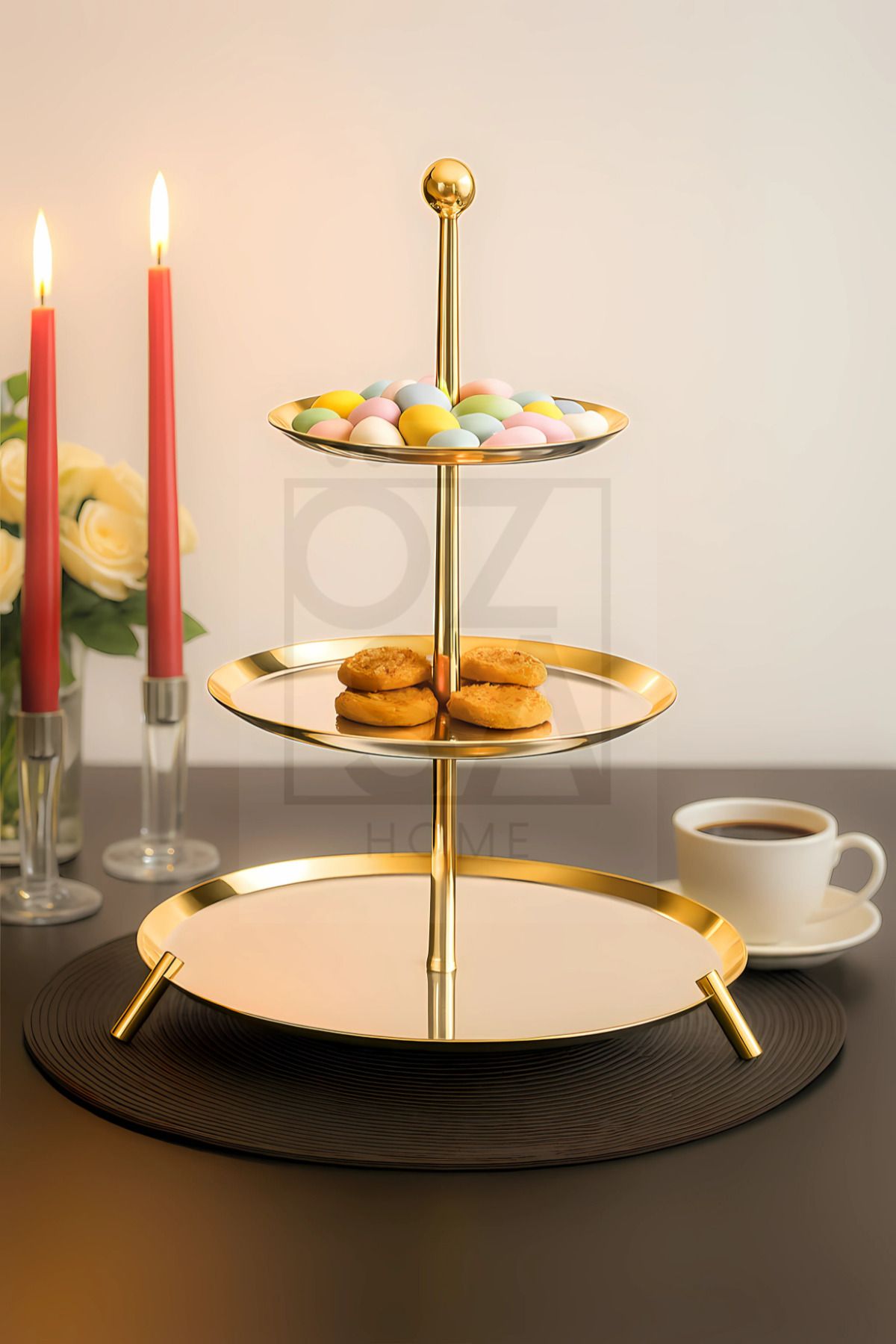 ÖzSa Home Large Ayaklı 18/10 Paslanmaz Çelik 3 Katlı Sunumluk Metal Ayaklı Sunumluk