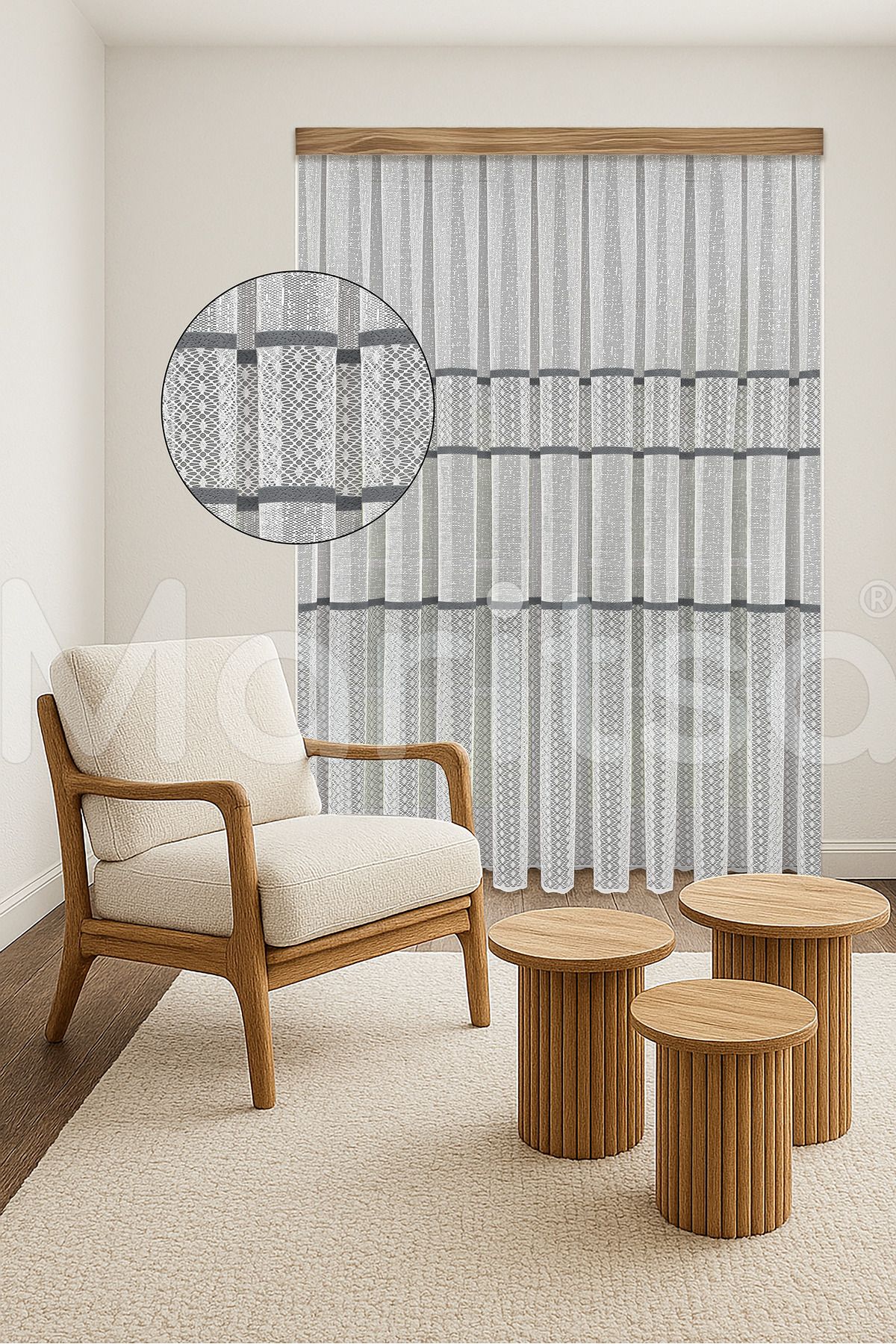 MARİTSA Tül Perde - Örme Serisi Modern Klasik Gri Dantel Detaylı Elmas Desen Beyaz Sık Pile(1x3) Curtain