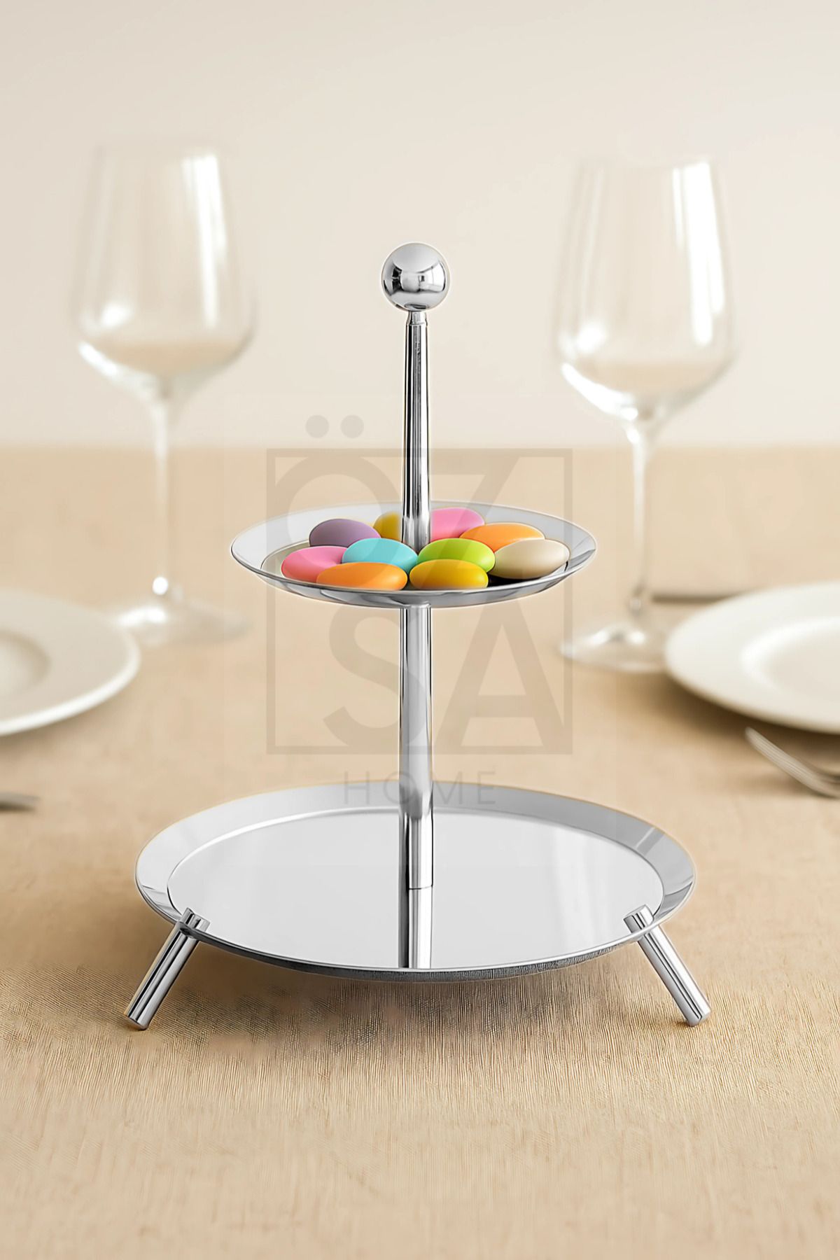 ÖzSa Home Medium Ayaklı 18/10 Paslanmaz Çelik 3 Katlı Sunumluk Metal Ayaklı Sunumluk