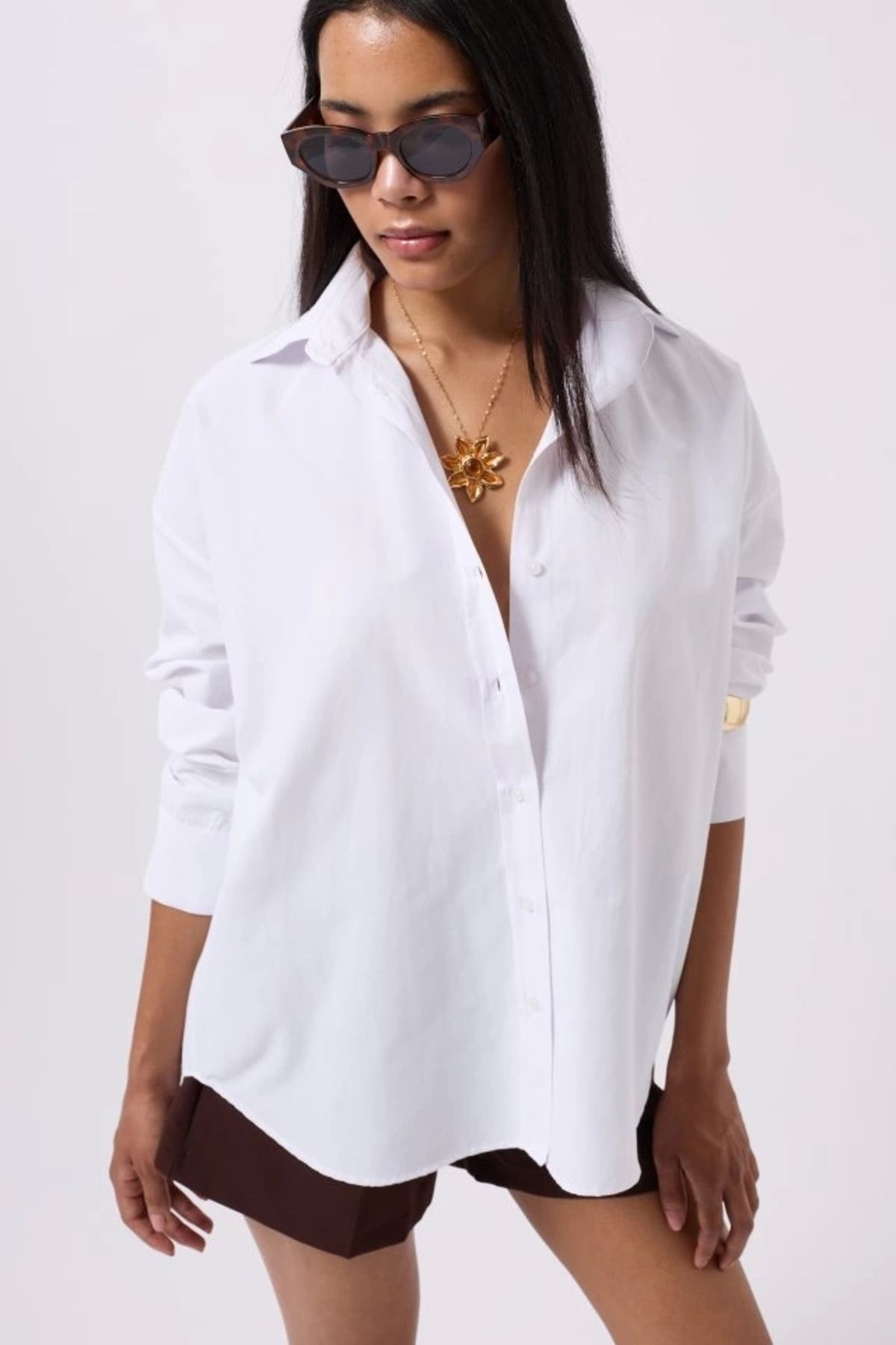 buHillco Pamuklu Basic Poplin Beyaz Kadın Gömlek