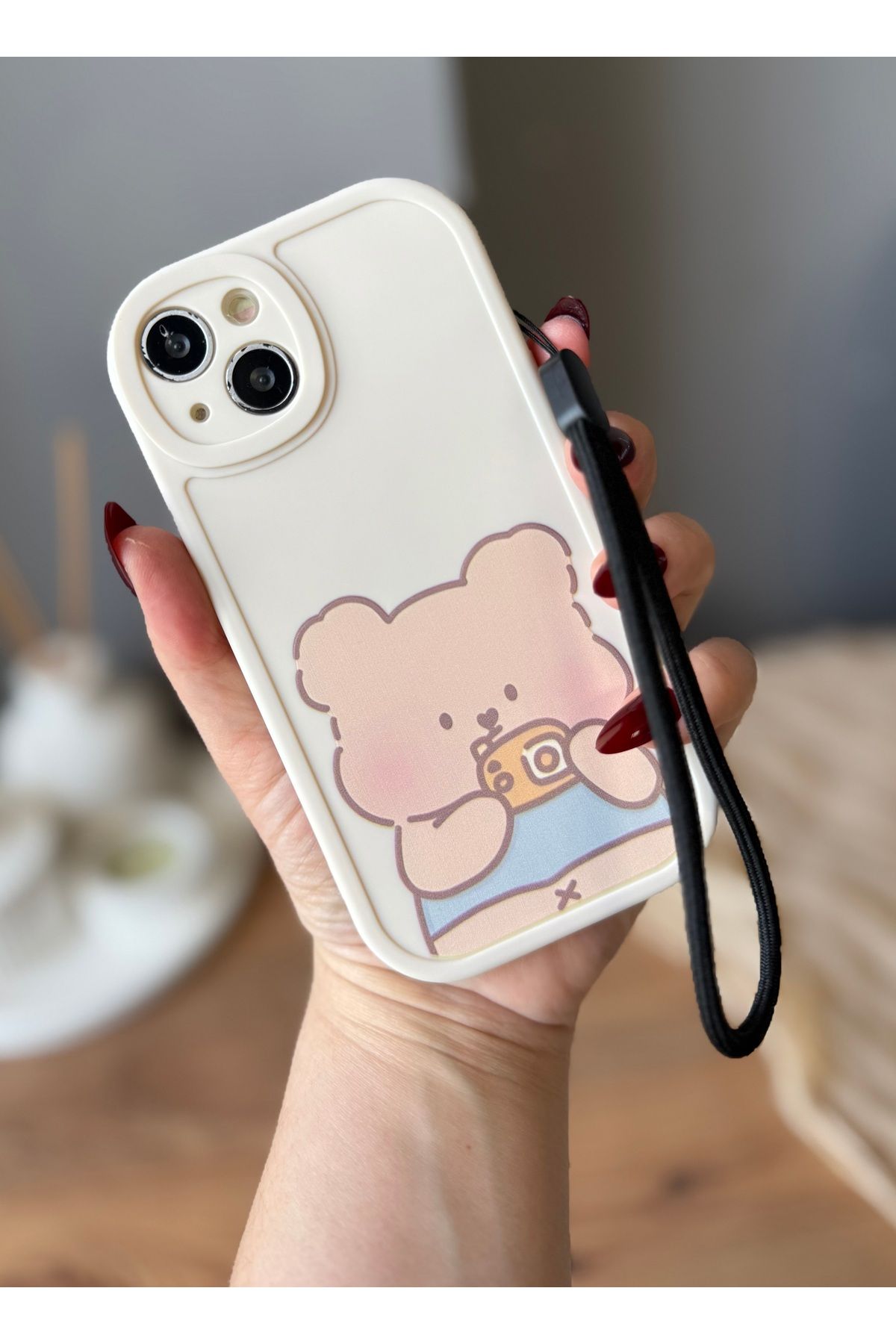 MirazTasarim IPHONE 11 TELEFON İPLİ AYICIK DESENLİ EKRU KILIF SEVİMLİ KILIF