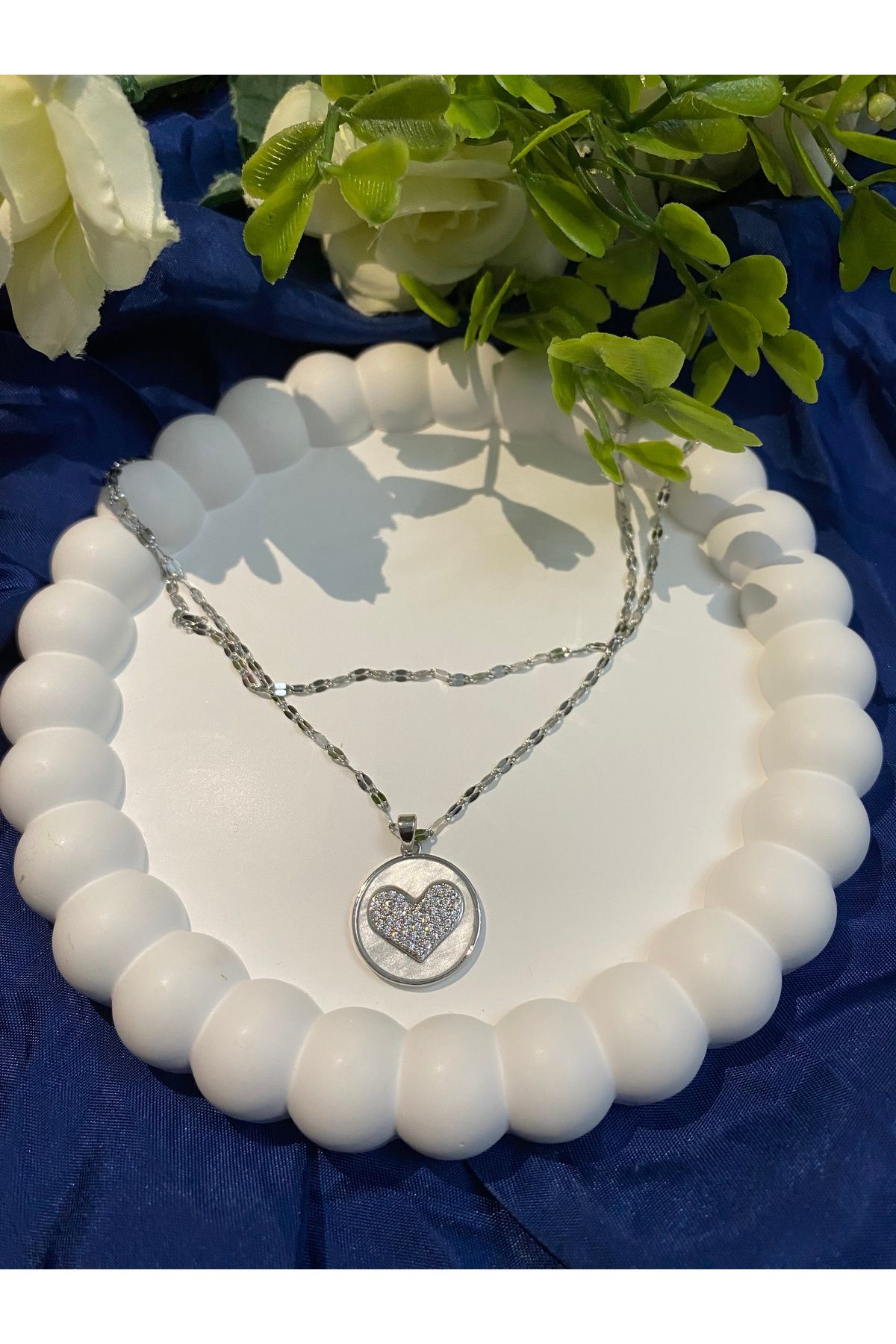 asem jewelry ÇİFT ZİNCİRLİ KALP DESENLİ ZİRKON TAŞLI GÜMÜŞ RENKLİ ÇELİK KOLYE