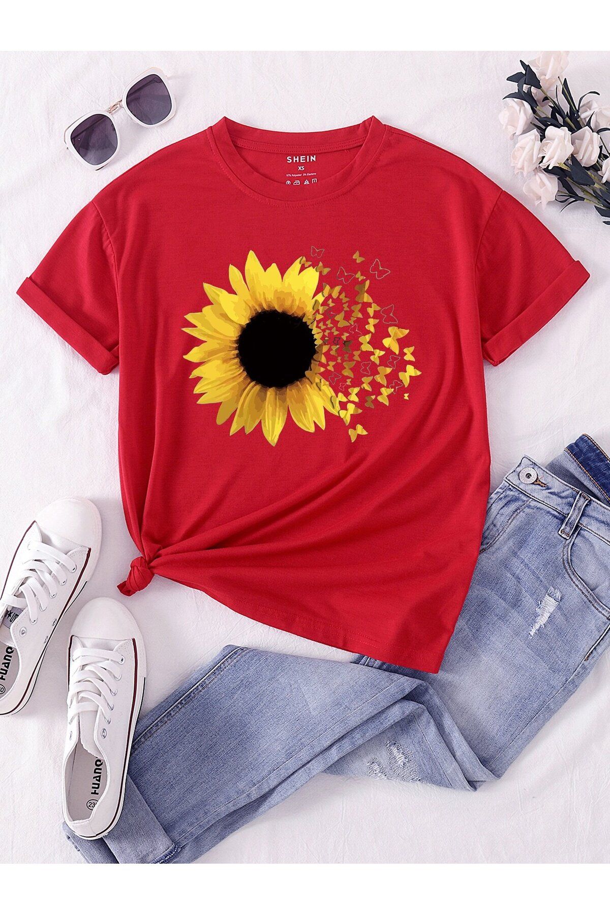 aynewmoda Ayçiçeği ve Kelebek Baskılı Tişört
