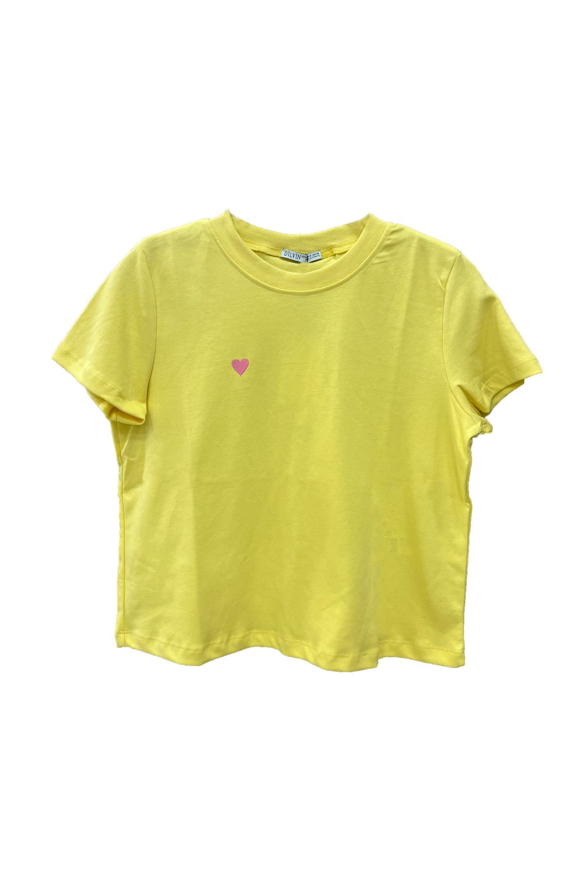 modaparis outlet Bisiklet Yaka Likralı Kalp İşlemeli %100 Pamuklu T-shirt Sarı