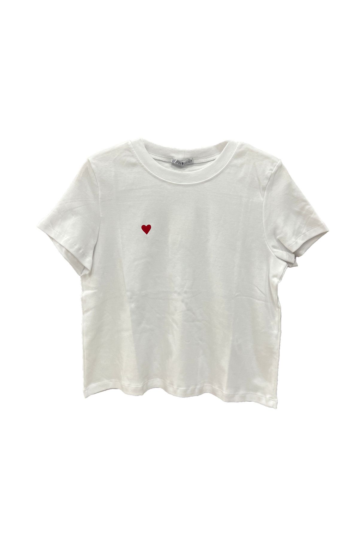modaparis outlet Bisiklet Yaka Likralı Kalp İşlemeli %100 Pamuklu T-shirt Beyaz