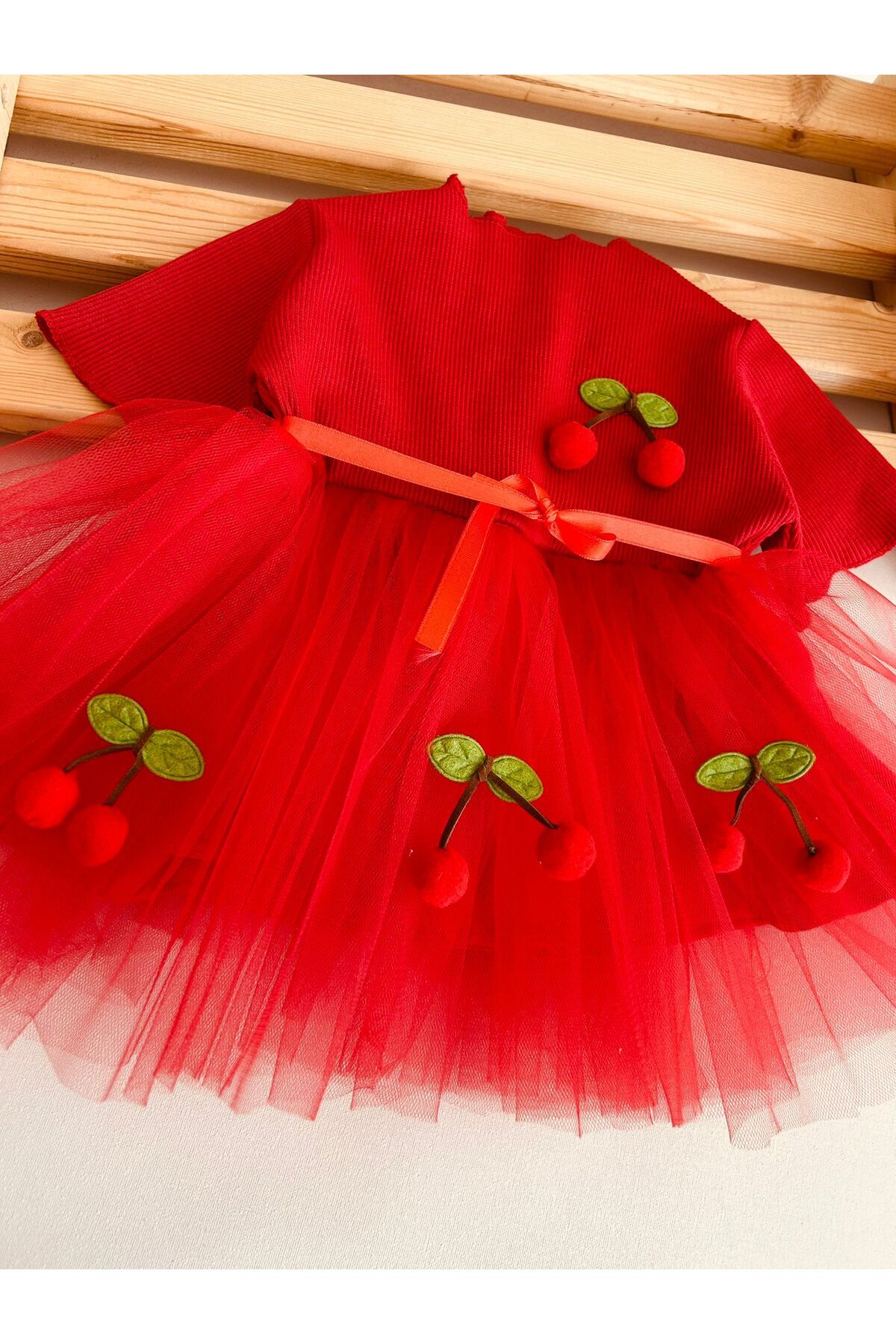 eymwes Kirazlı Bebek Çocuk Elbise Doğumgünü Bayram Babyshower Elbisesi
