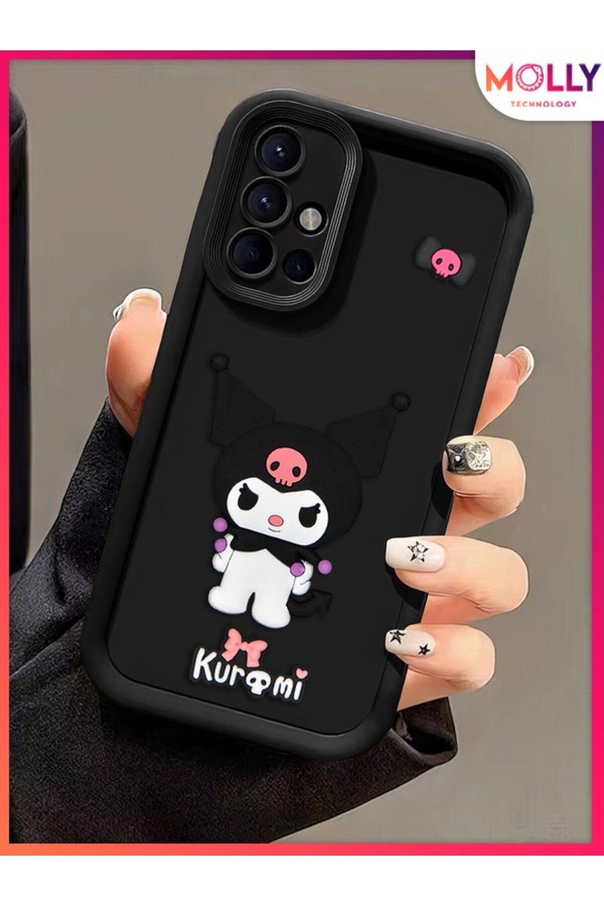 Molly Samsung Galaxy A71 İçin Siyah Kenarları Kalın 3d Kabartmalı Kawaii Kuromi Silikon Kılıf