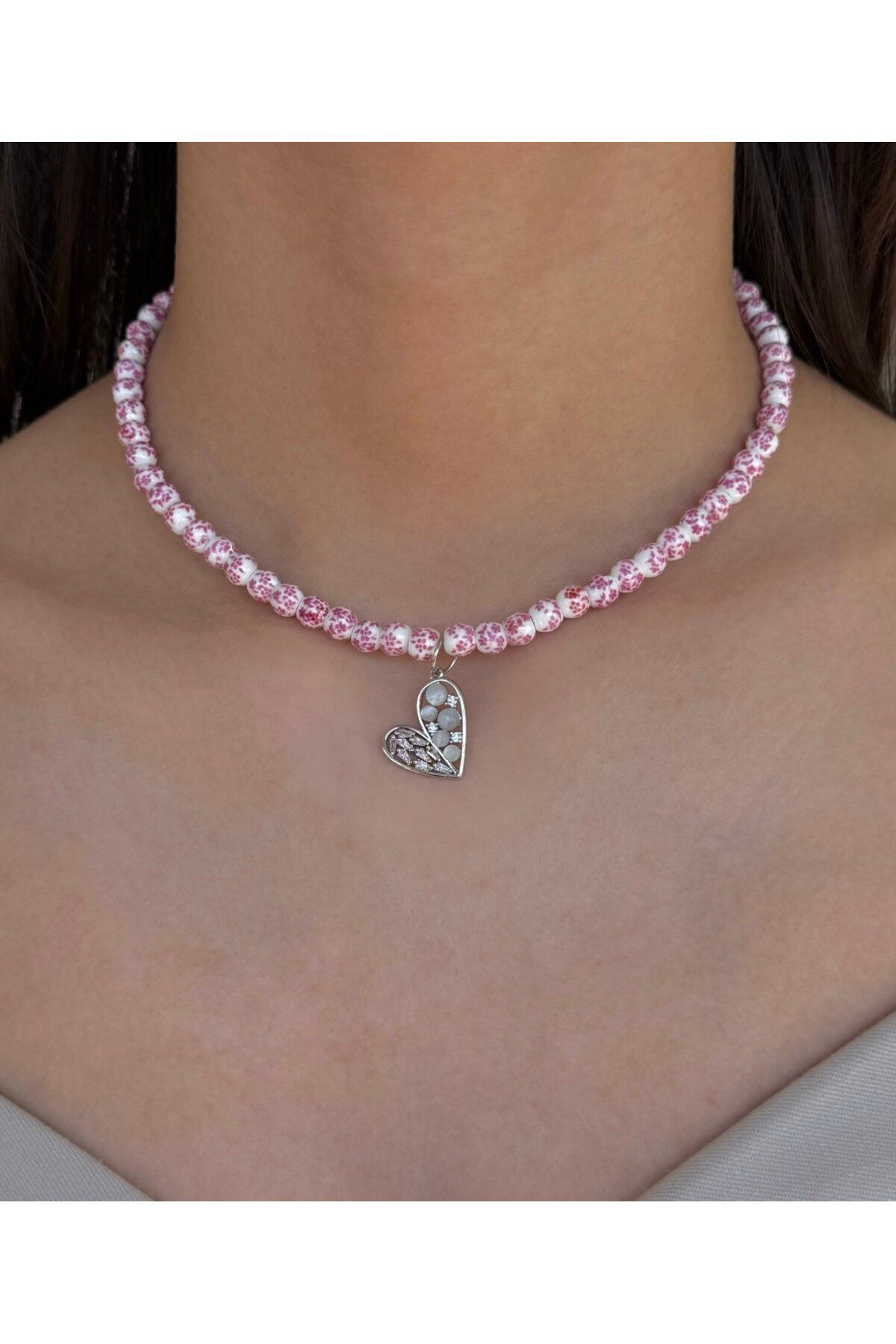 h&b design jewel Silver Pembe Kalp Detay Kolye