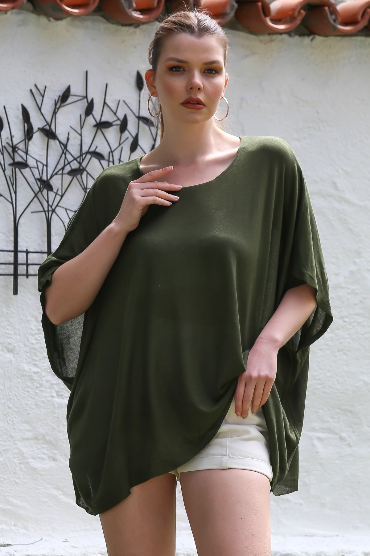 Chiccy Koyu Yeşil Yuvarlak Yaka Düşük Kol İnce Casual Oversize Triko Bluz 70 90