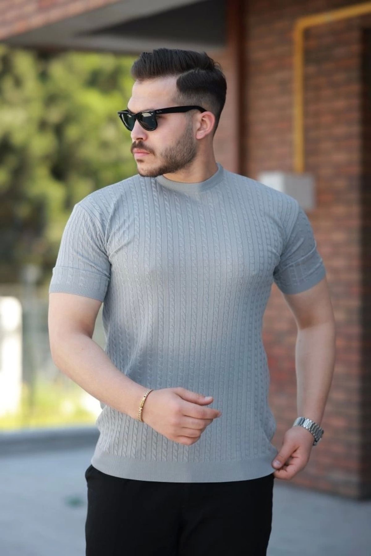 Silerra Erkek Bisiklet Yaka örgü Desenli Kısa örme Triko Kısa Kollu T-shirt