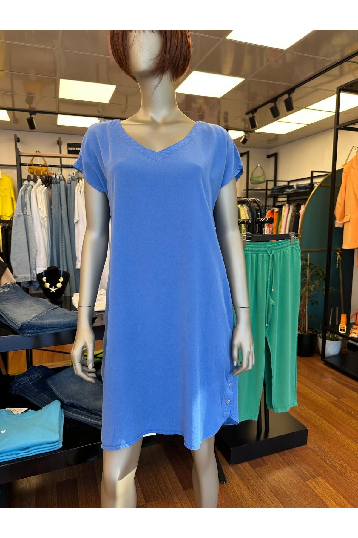DOLCE QUEEN Kadın V Yaka Kısa Kollu Elbise (Tencel)