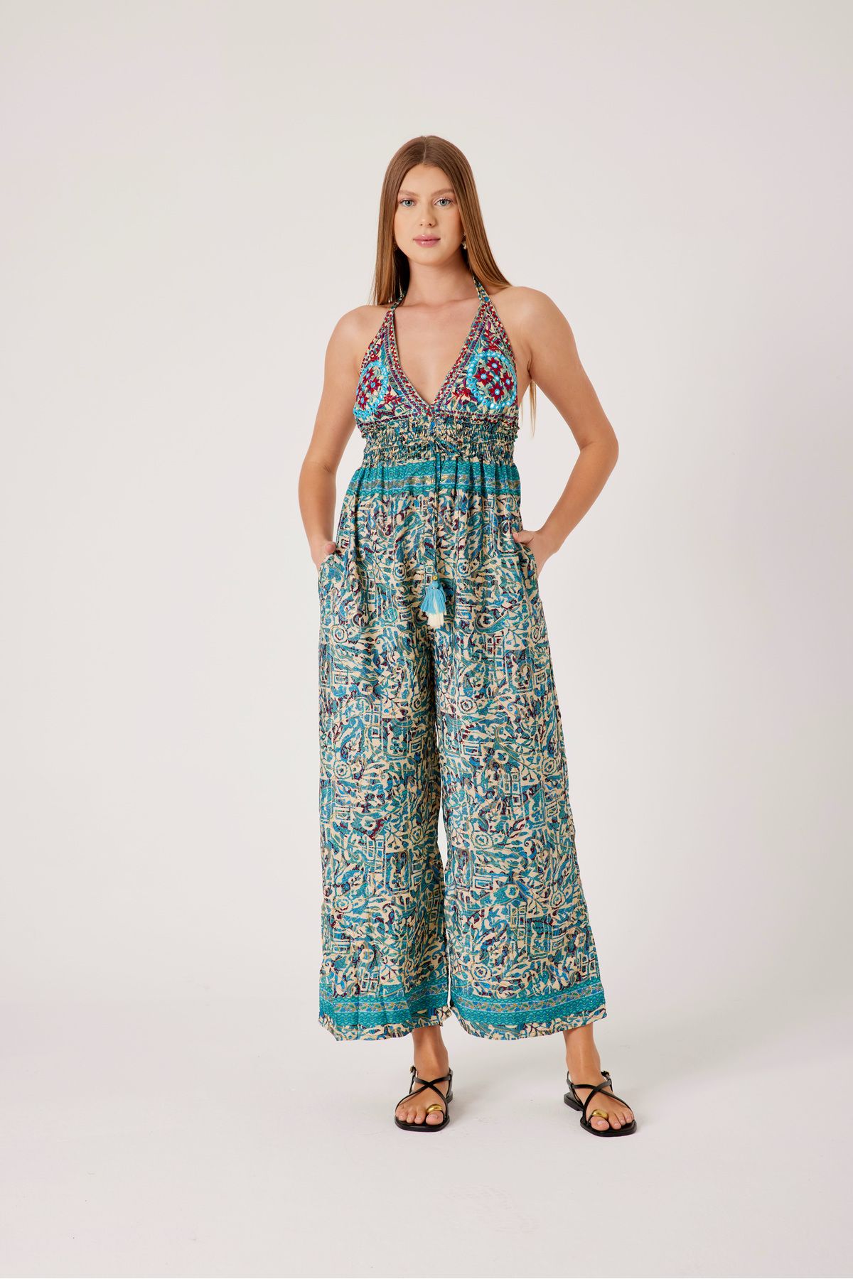 T'u Collection Etnik Desenli Askılı Yazlık Tulum