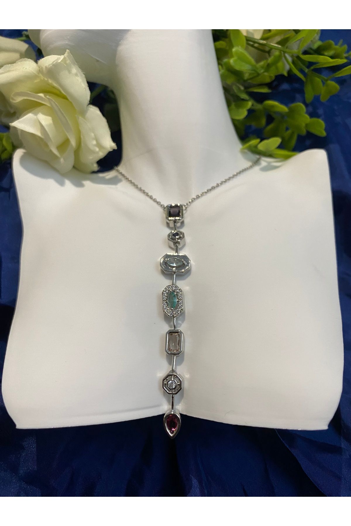 asem jewelry ÇELİK GÜMÜŞ RENK TAŞLI Y KOLYE