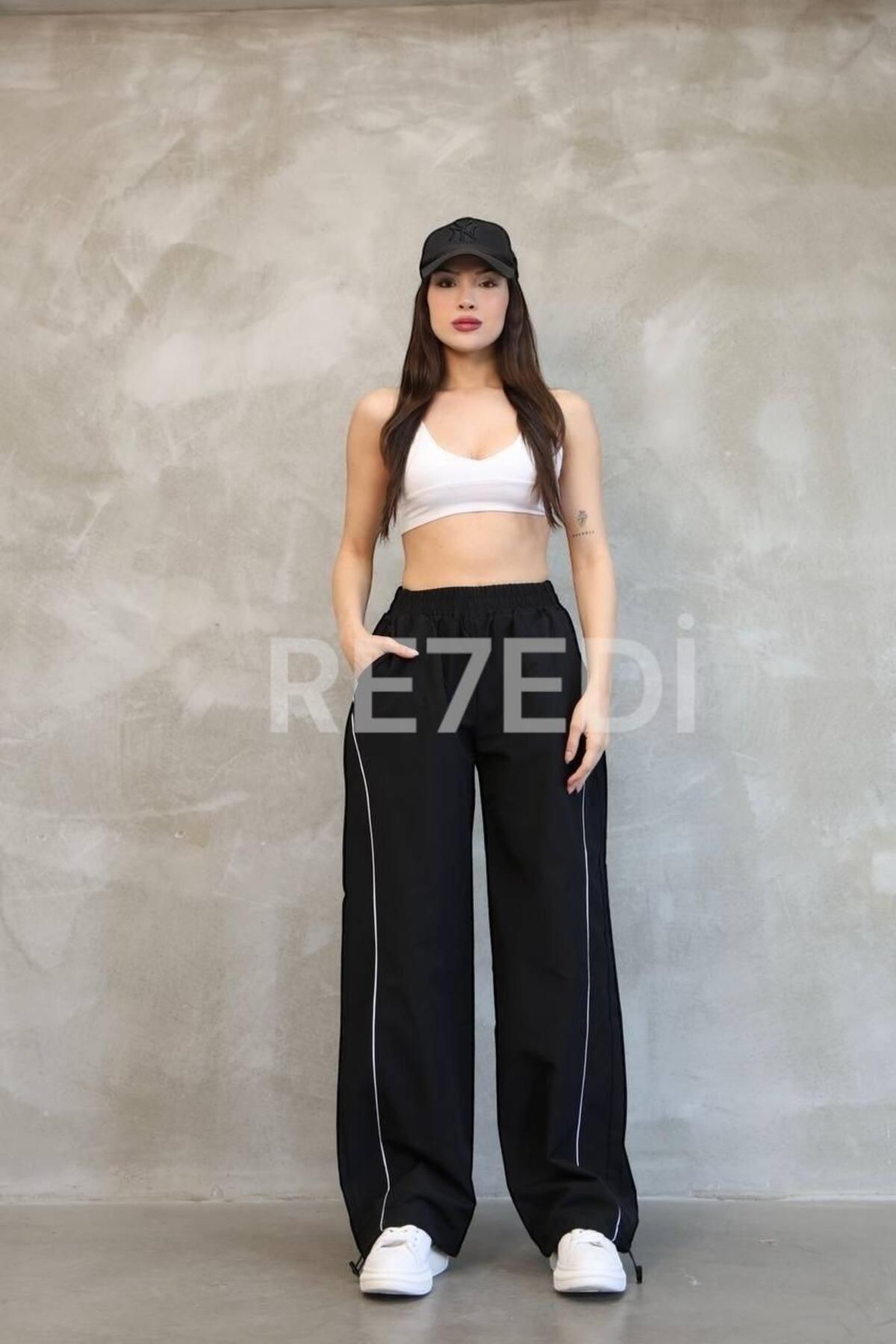 RE7EDİ UNİSEX ŞERİTLİ STOPER PAÇA PARAŞÜT PANTOLON SİYAH
